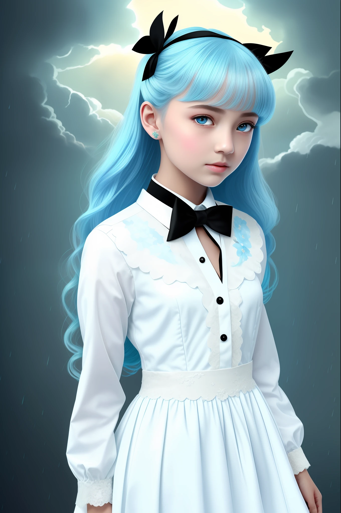 Masterpiece, Superb Painting, Illustration, {Beautiful and Delicate Girl}, Beautiful and Detailed Glow, (War: 1.2), (Nuclear Explosion Behind: 1.3), Rain, Detail Lighting, Detail Water, (Beautiful Detailed Eyes: 1.1), Expressionless, Court, Sky Blue Hair, Loose Hair, Long Bangs, Eyebrows, (White and Blue Dress: 1.1), Black Ribbon, White Bow Tie, Upper Abdomen, Large Forehead, Dumb, Flower, Long Sleeves