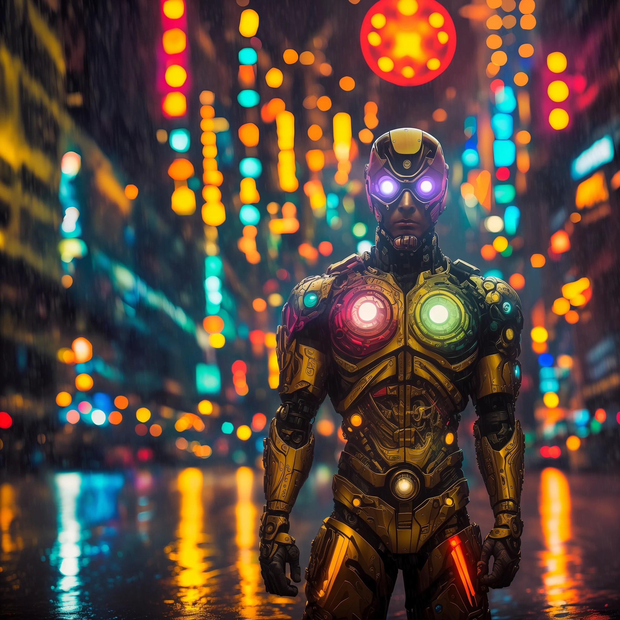 Photo of an award-winning masterpiece with psychedelic cyborg standing on City Street on a rainy night --auto --s2