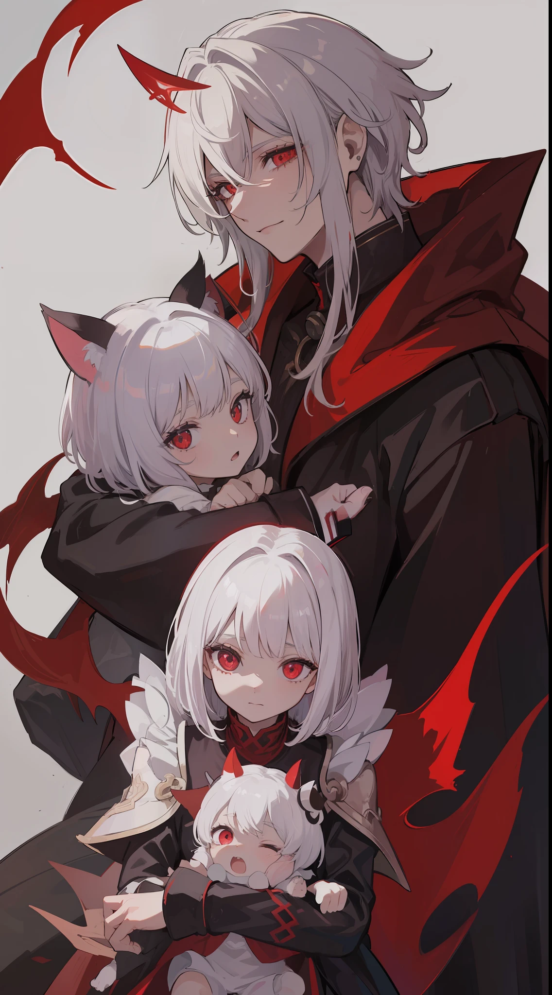 1man, sharp red eyes with cat pupils, white short hair and he was wearing the demon lord robes, he have two white horn and holding his daughter ((41 year old face))