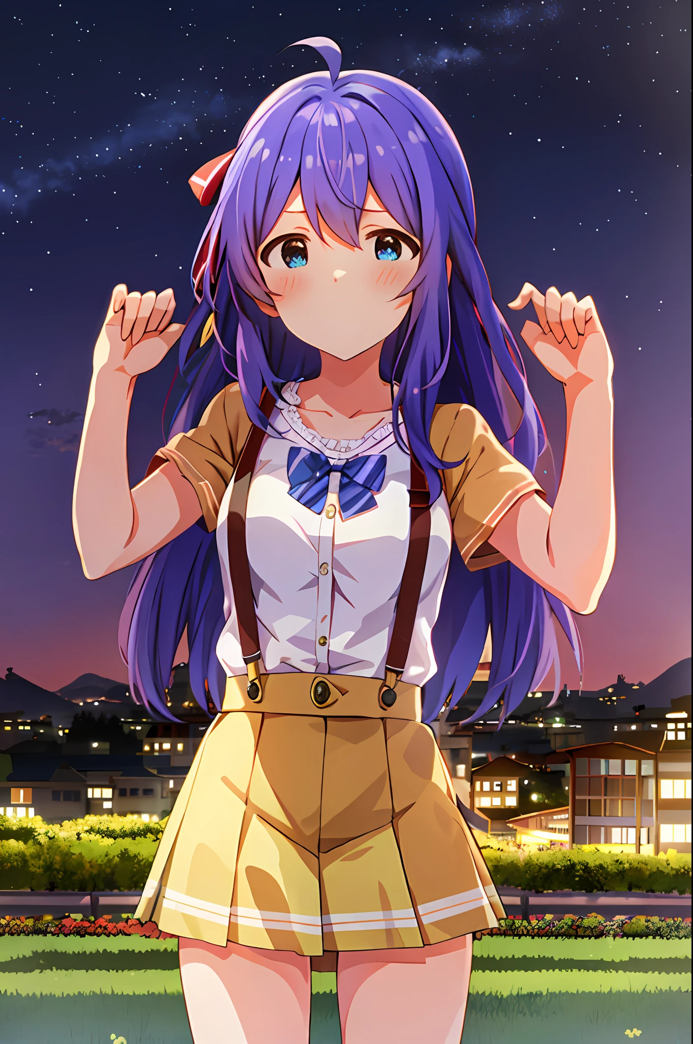Anna Mochizuki (Million Live), (Top Quality, 8K, Masterpiece, Super Detail: 1.2), 1 Girl, Suspender Clothes.Skirt.Blushing, Clavicle, Bow, Ribbon, Blue Bow.Night.Night View.Outdoors.Fighting Stance.Sad Face.