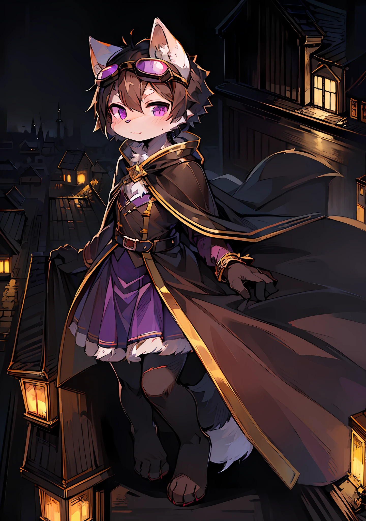 (Dark Environment: 0.8), Masterpiece, High Quality, Abstract Res, Digital Painting\(artwork\), by Dagasi, Yupa, Kiyosan, (Anthro, Fluffy Fur, Character Focus: 1.1), Anthro Male Cat, Short Hair, Portrait , bright eyes, panorama, character focus. (Detailed background: 0.7), Solo, Furry, Furry female, Female focus, Anthr, (full body fur, fluffy tail, white fur, purple eyes, black hair: 1.2), (long canine, goggles, cape: 1.2), (exterior, night, rooftop: 5)