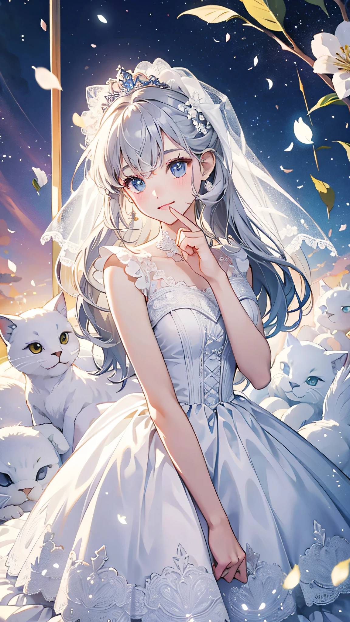 ((best quality)), ((masterpiece))  WEDDING PRINCESS DRESS, light ray, lens flare, white petals, long coated cat, exotic