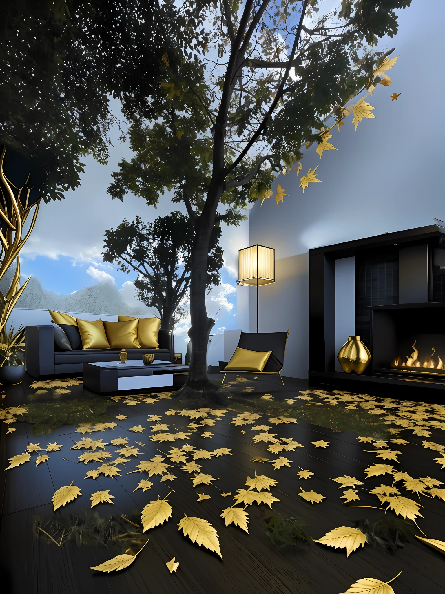 Luxury, gold, golden leaves, graphite walls, diamonds, highly detailed.