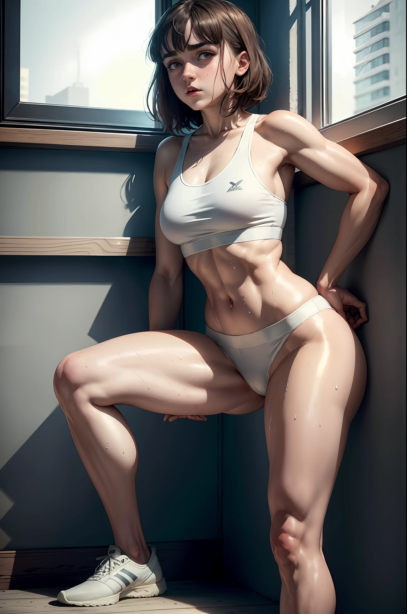 4K highly detailed realistic ((full body including legs)) Maisie Williams all sweaty with ((sharp jaw)) and perky, in wet clothes standing by the bedroom window in a tall building with white walls in a wet sports bra with a deep neckline