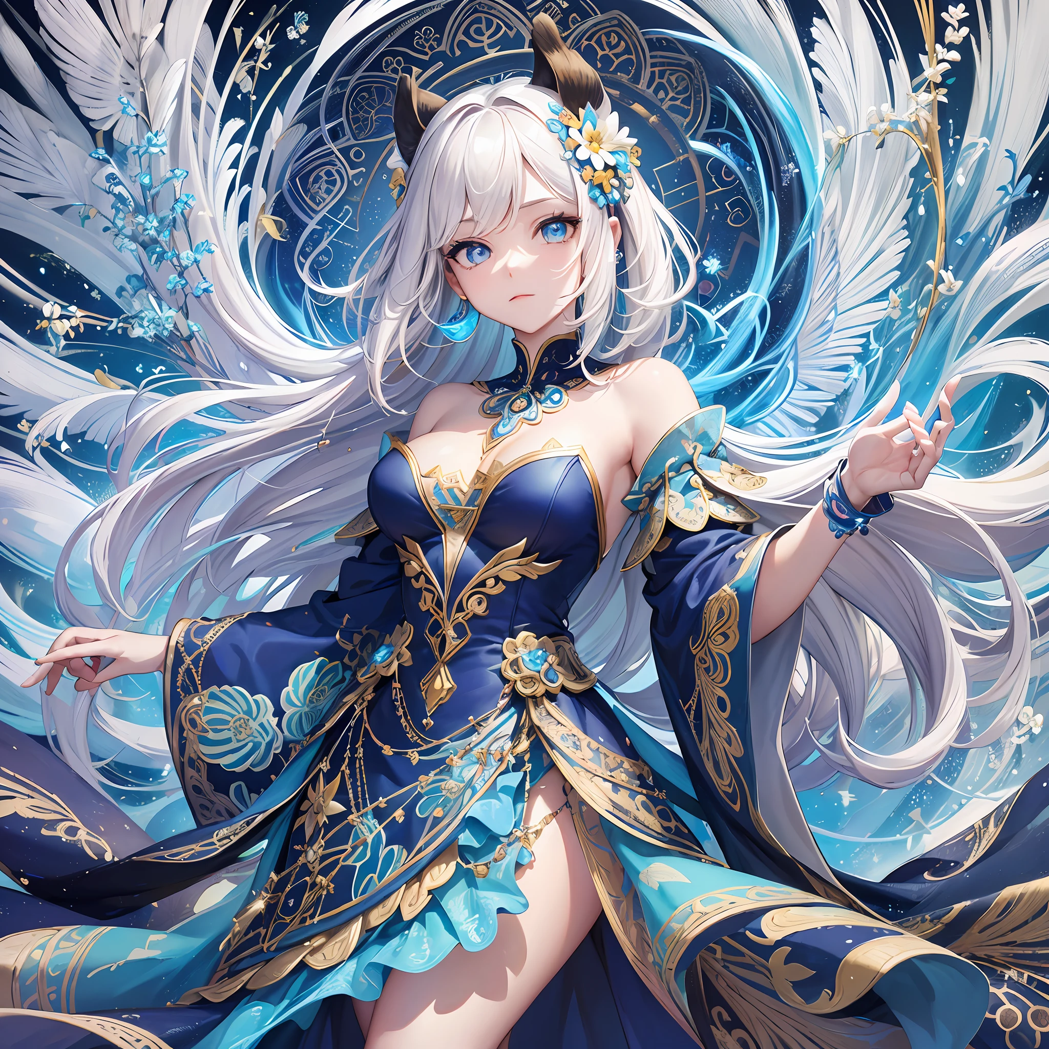 (Masterpiece, Top Quality, Best Quality, Official Art, Beautiful and Aesthetic: 1.2), (1 Girl: 1.3), White and Blue, Very Detailed, (Fractal Art: 1.1), (Colorful: 1.1) (Flower: 1.3), Supreme Detail, (Zentangle: 1.2), (Dynamic Pose), (Abstract Background: 1.3), (Shiny Skin), (Many Colors: 1.4), (Earrings), (Wind: 1.3), jewels, white hair, wrapped in light, detailed background, phoenix dress, panda ears, blue flowers, vivid eyes --auto --s2