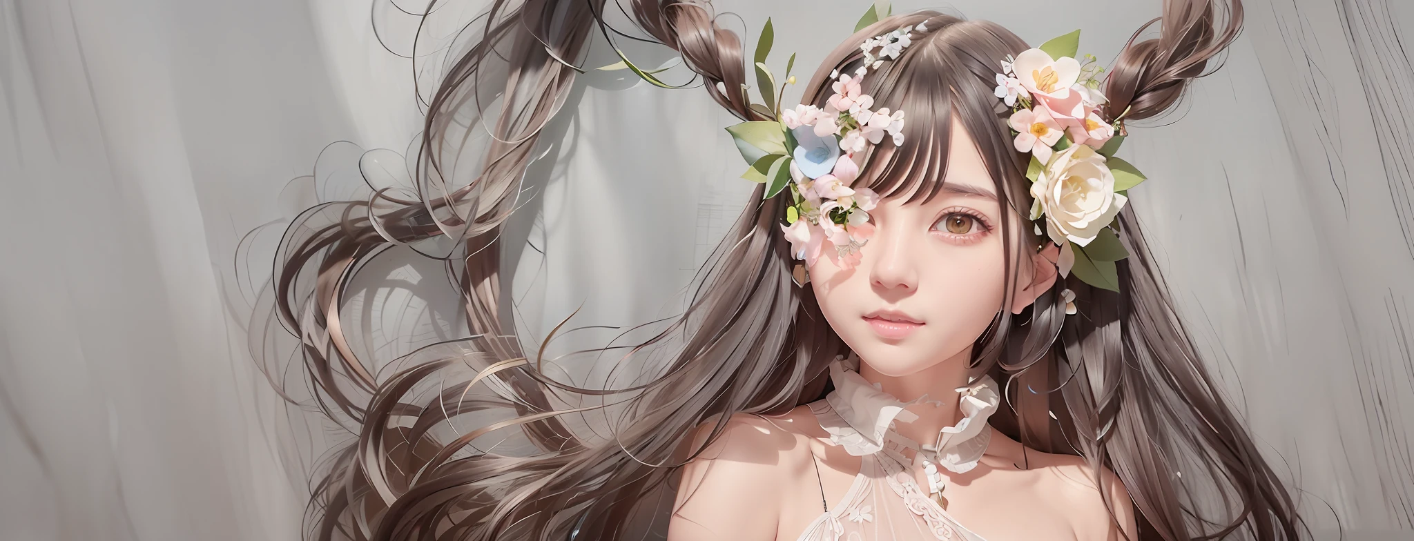 There is a woman with long hair and flowers on her hair, Gouviz style artwork, Guwiz masterpiece, Guwiz, CGstation trend, kawaii realistic portrait, Güvez on Pixiv Art Station, Intricate WLOP, Guviz on ArtStation Pixiv, Loish and WLOP, WLOP Lois and clip style, white flower background