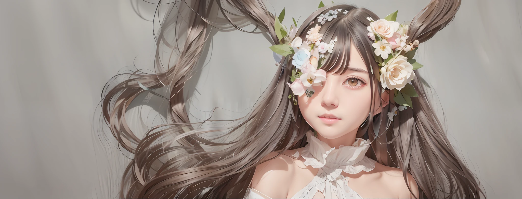 There is a woman with long hair and flowers on her hair, Gouviz style artwork, Guwiz masterpiece, Guwiz, CGstation trend, kawaii realistic portrait, Güvez on Pixiv Art Station, Intricate WLOP, Guviz on ArtStation Pixiv, Loish and WLOP, WLOP Lois and clip style, white flower background