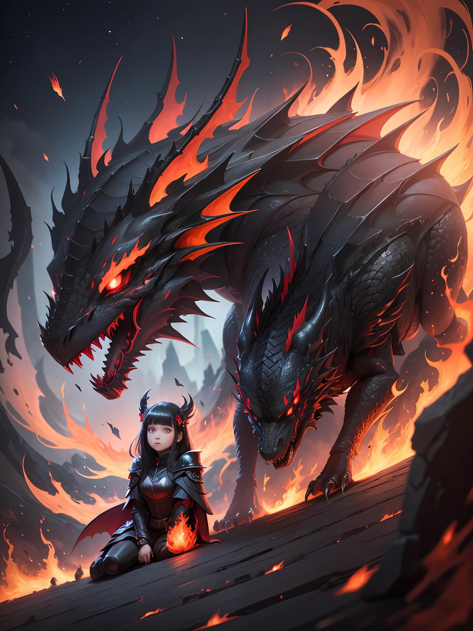 a girl and a black dragon with glowing red eyes, fire in the background, night sky --auto --s2