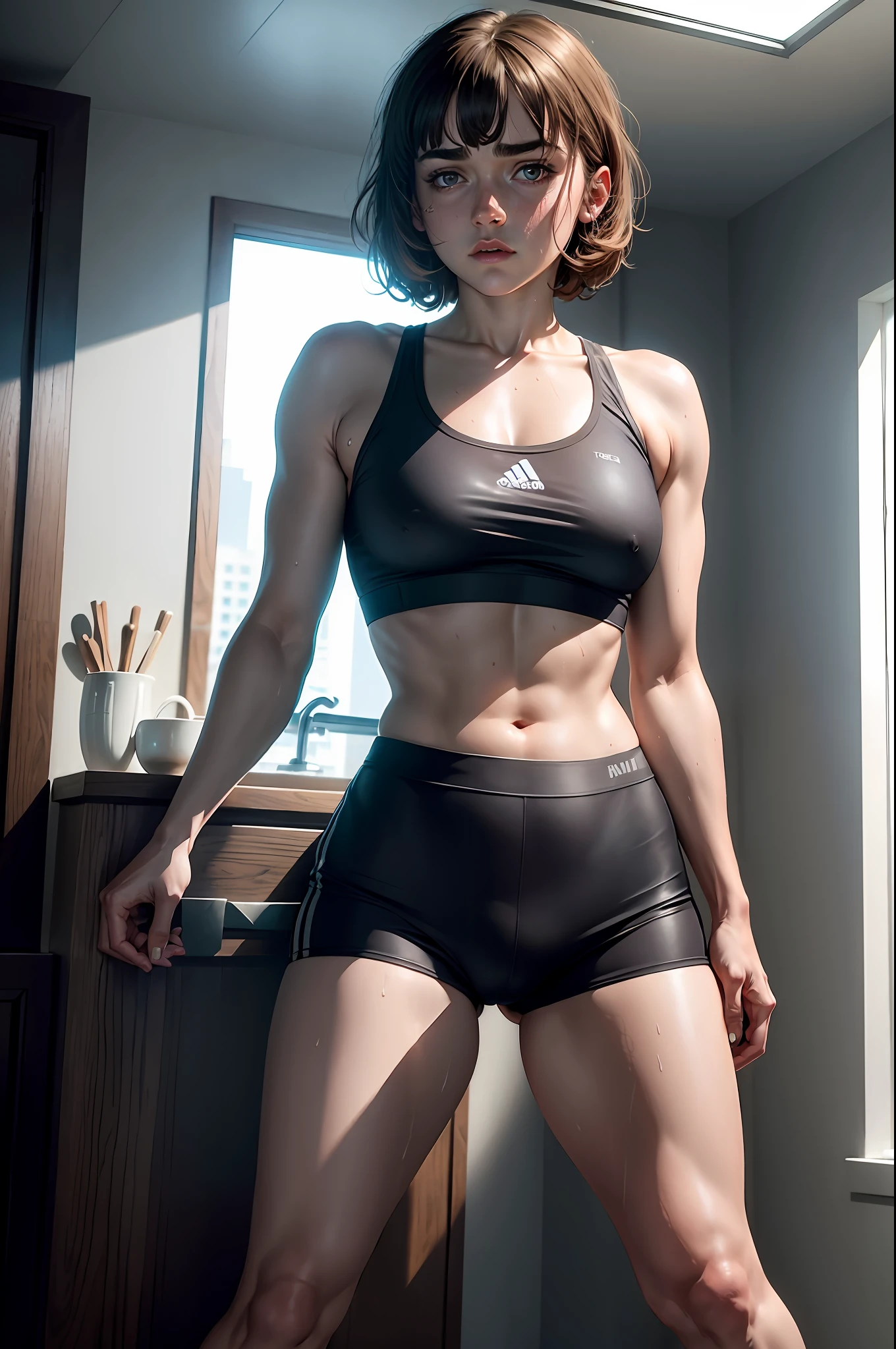 4K highly detailed realistic ((full body including legs)) Maisie Williams all sweaty with ((sharp jaw)) and perky, in wet clothes standing by the bedroom window in a tall building with white walls in a wet sports bra with a deep neckline