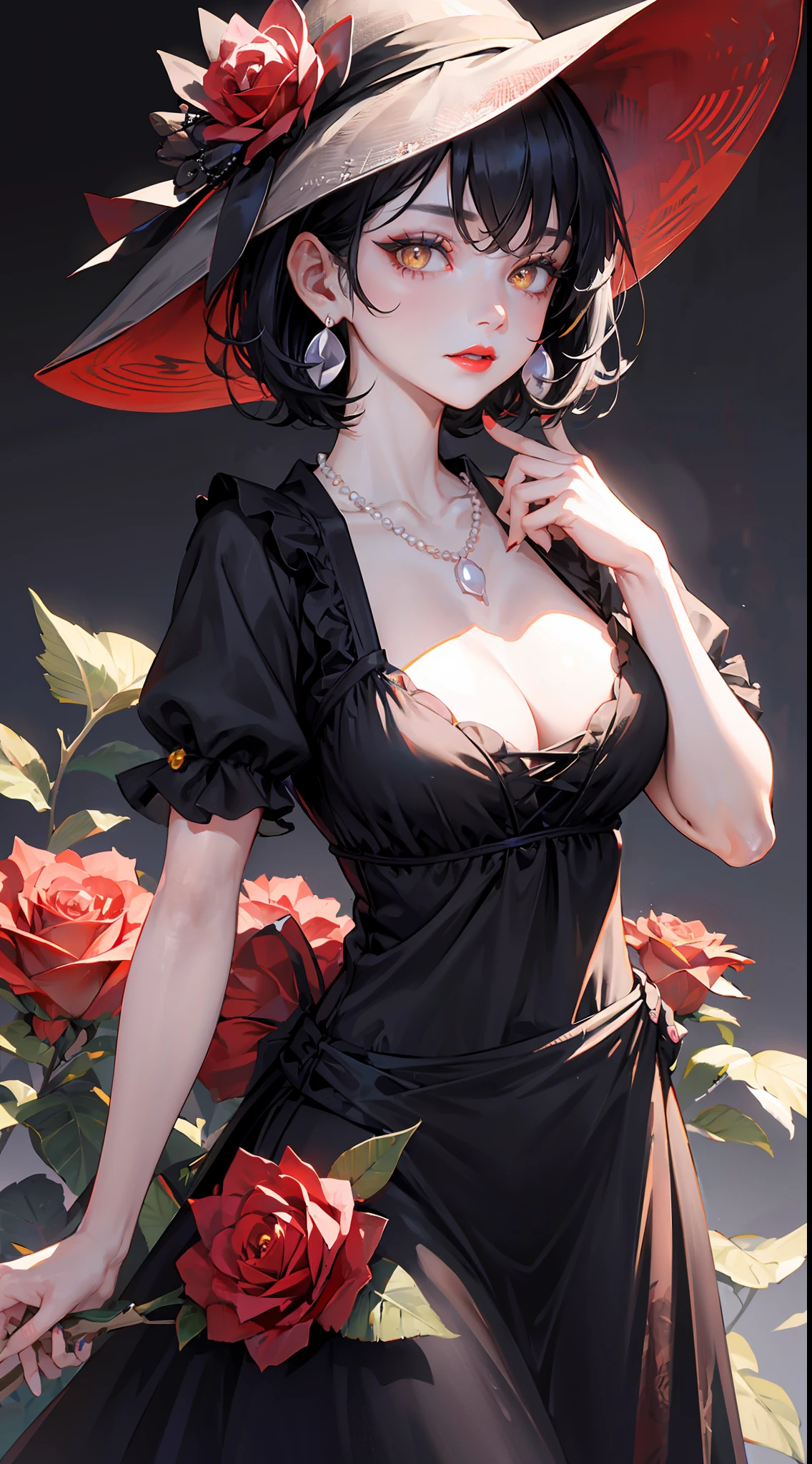 1girl, hat, solo, black flower, yellow eyes, sun hat, , jewelry, black rose, flower, necklace, dress, black hair, looking at viewer, cleavag headwear, makeup, grey background, pale skin, red lips, lipstick, short hair, simple background, earrings, pearl necklace, medium breasts, mature, upper bose