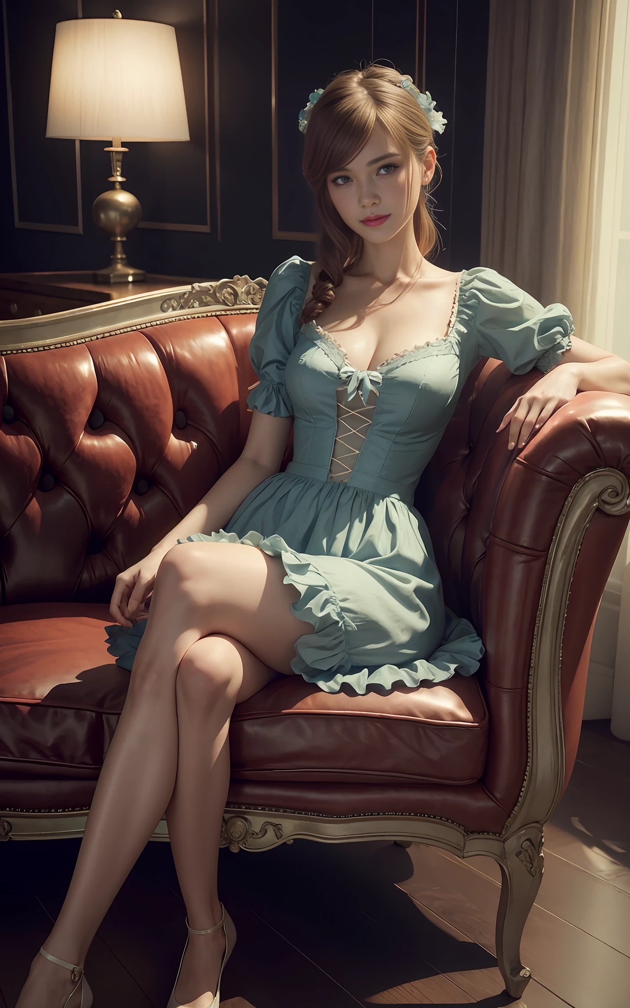 A woman in a bodice and short skirt in pure cotton fabric, mysterious smile, sitting on a luxury sofa, 3D magical details, James Jean Soft Light, 4K, Yuri Schvedorf and Tom Bagshaw, beautiful digital artwork, Sylvain Sarel and Igor Mosky, full body shot