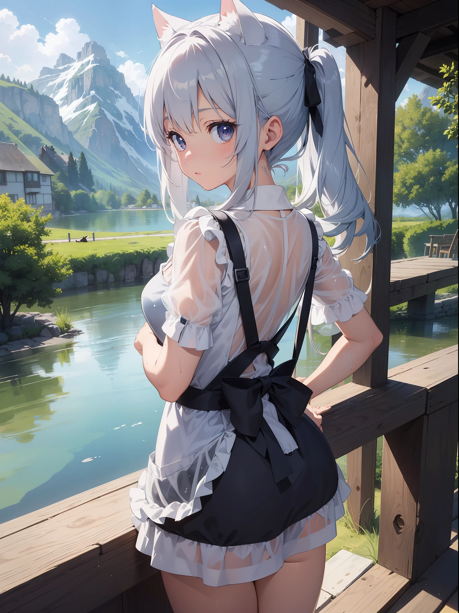 (Masterpiece), (Best Definition Animated Illustration), (Super Definition), One Girl, Solo, Beautiful Girl with Silver Hair, Anime Loli, Cute Loli, Cat Ear Loli, See-through Apron, Wet Sheer, Cottage with Mountain and Lake View