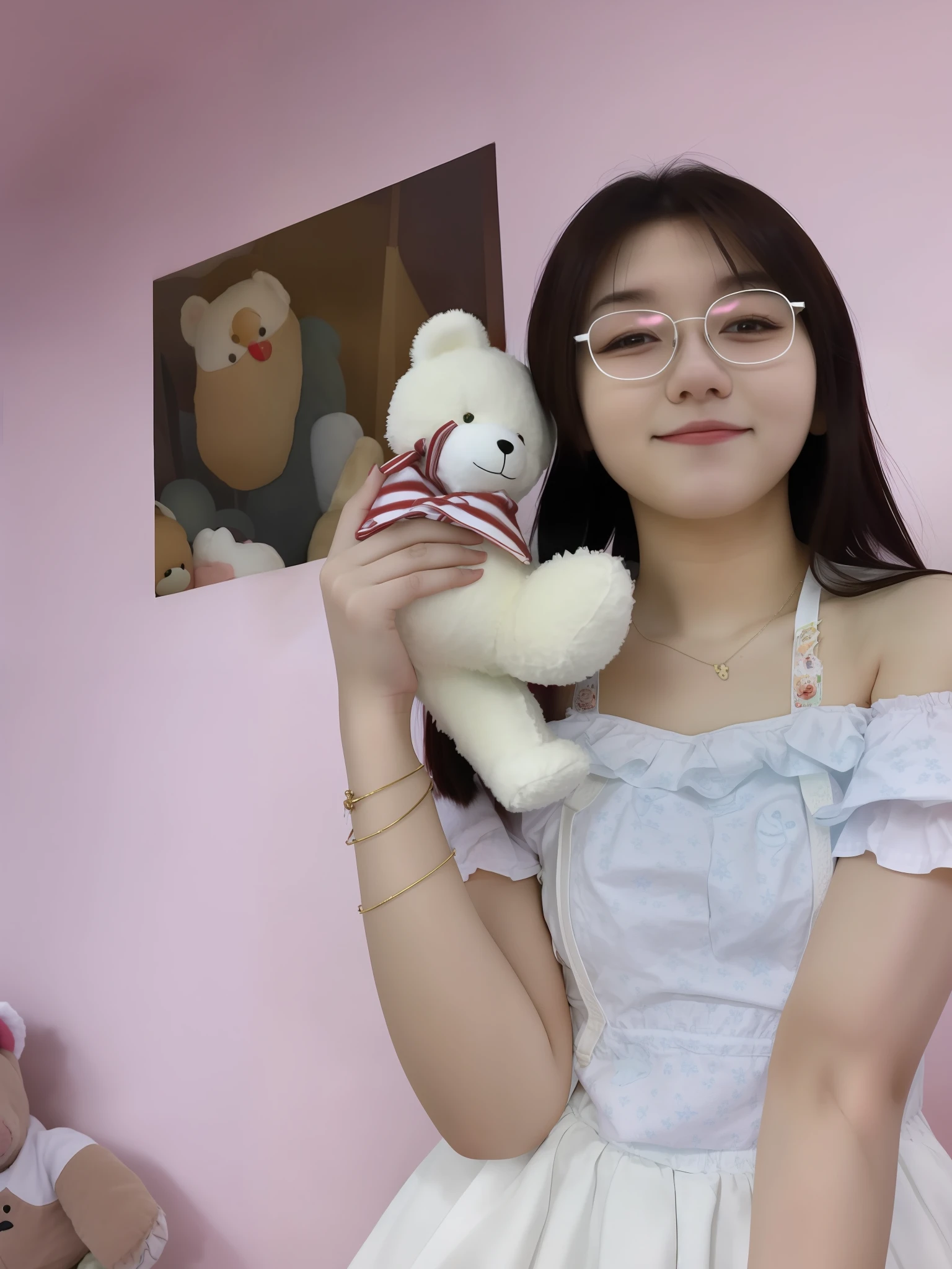 There is a cute woman holding a white teddy bear in her hand, high quality, 19 year old girl, Ruan cute vtuber, y 2k cute clown core, very low quality, very, very low quality picture, Belle Delphine, 18 years old, young cute girl, low quality, when my spirit, cute core