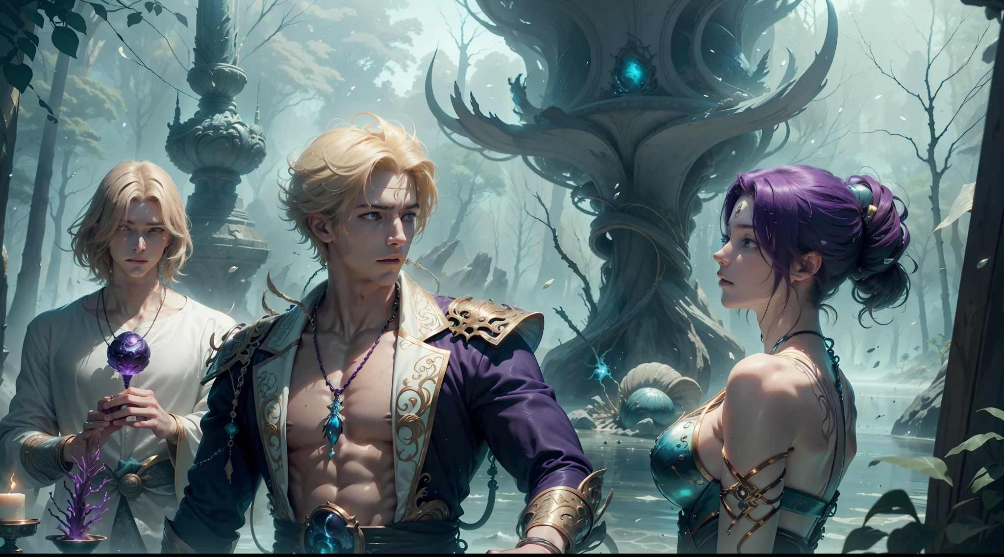 Multi-person interaction, intimate couple, beautiful composition, gorgeous underwater light, "1boy, (Sousuke Aozen), close-up, badass pose, bleach, powerful aura, purple aura", HD, unparalleled masterpiece, dynamic lighting, movie, epic, and "1girl, (dynamic pose), confident powerful mysterious smile, beautiful blonde, (perfect facial features)", (Enchanted Forest: 1.3), (Magic Glow: 1.2), Elegant Atmosphere, (Secluded Beach: 0.8), (Seashell: 0.9), (Flawless Skin: 1.2), breathtaking details. (Masterpiece, best quality: 1.2),