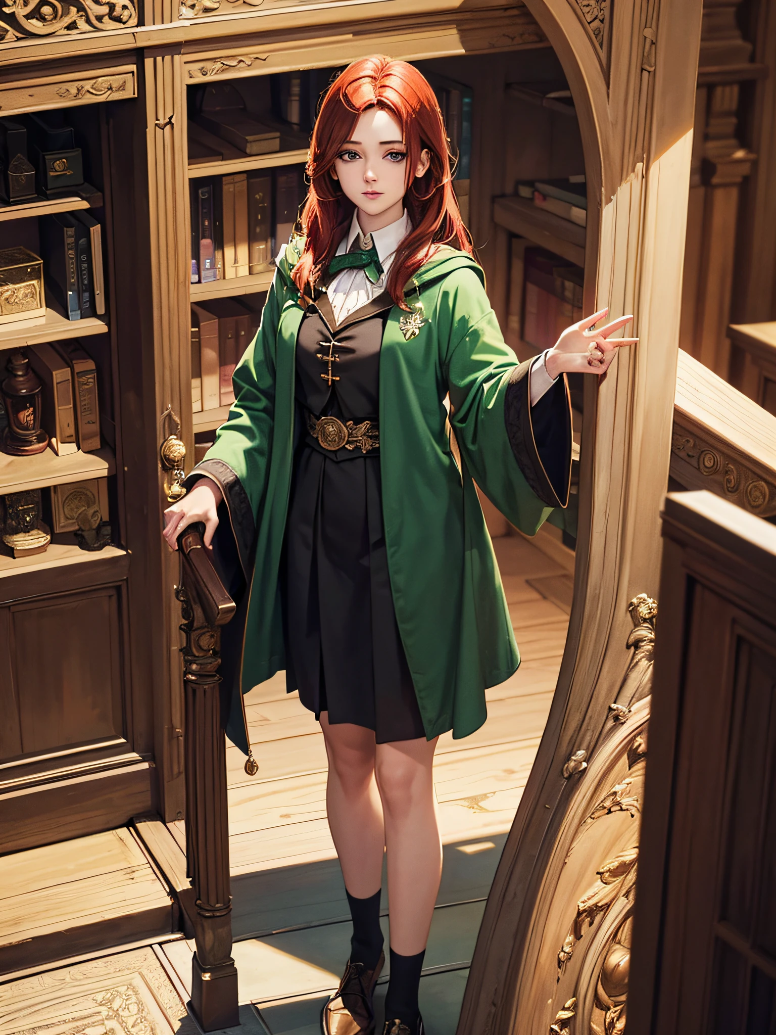 (Hogwarts: 1.4), (Slytherin: 1.3), 1 witch, in the library, in uniform, witchcraft, potions pot, (vertical challenge), full body, (best quality: 1.0), (Ultra HD: 1.0) , (beautiful girl: 1.4), redhead, (masterpiece), (realistic: 1.3), Ultra detail, (High Skin Detail: 1.2), (Best Quality: 1.0), ( Ultra High Definition: 1.0), (Masterpiece), (Realism: 1.3), Super Detail, (High Skin Detail: 1.2), (Optimal: 1.0), (Slim: 1.0), (Delicate Face),