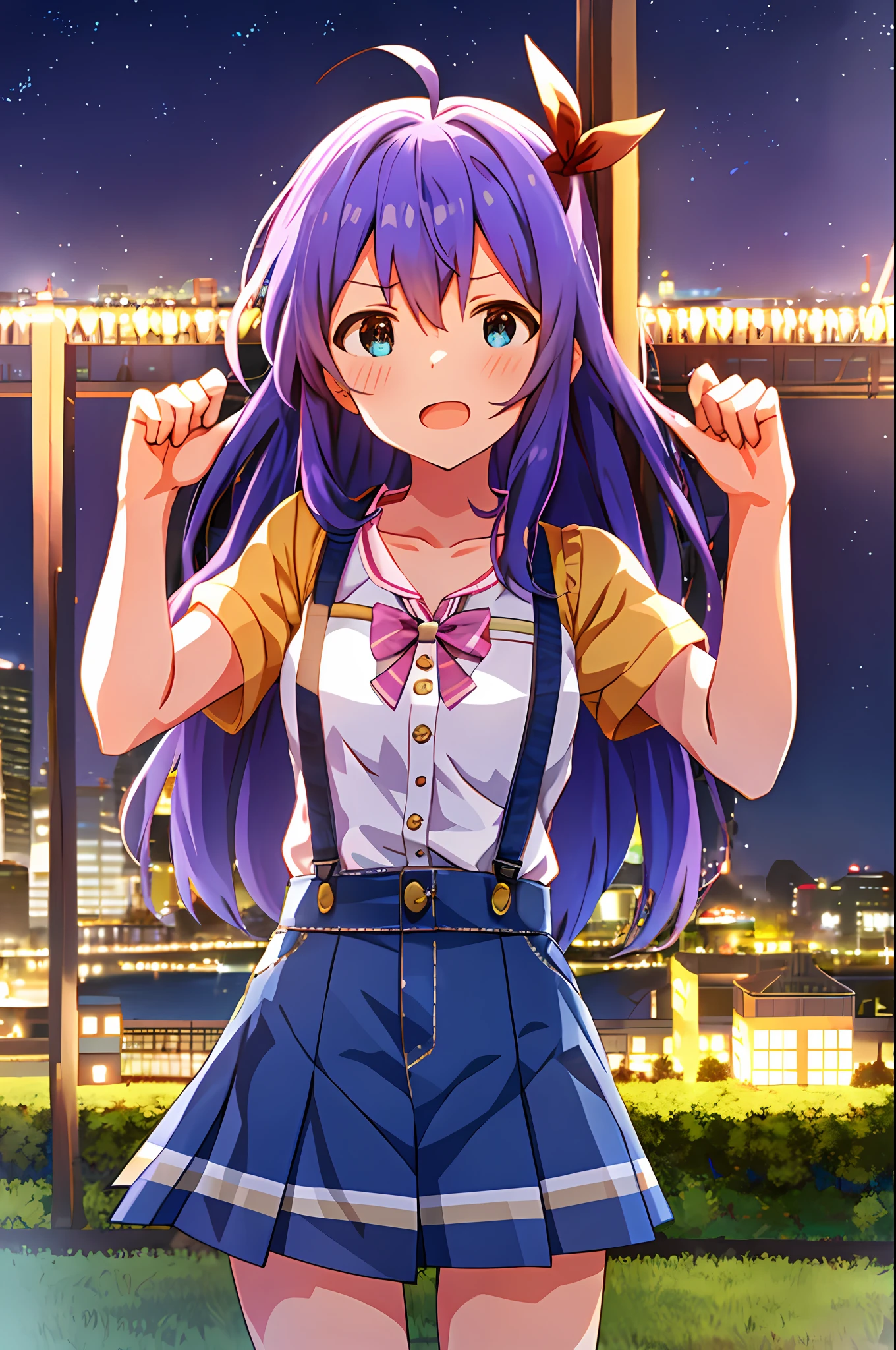 Anna Mochizuki (Million Live), (Top Quality, 8K, Masterpiece, Super Detail: 1.2), 1 Girl, Suspender Clothes.Skirt.Blushing, Clavicle, Bow, Ribbon, Blue Bow.Night.Night View.Outdoors.Fighting Stance.Despair Face.Open Mouth.