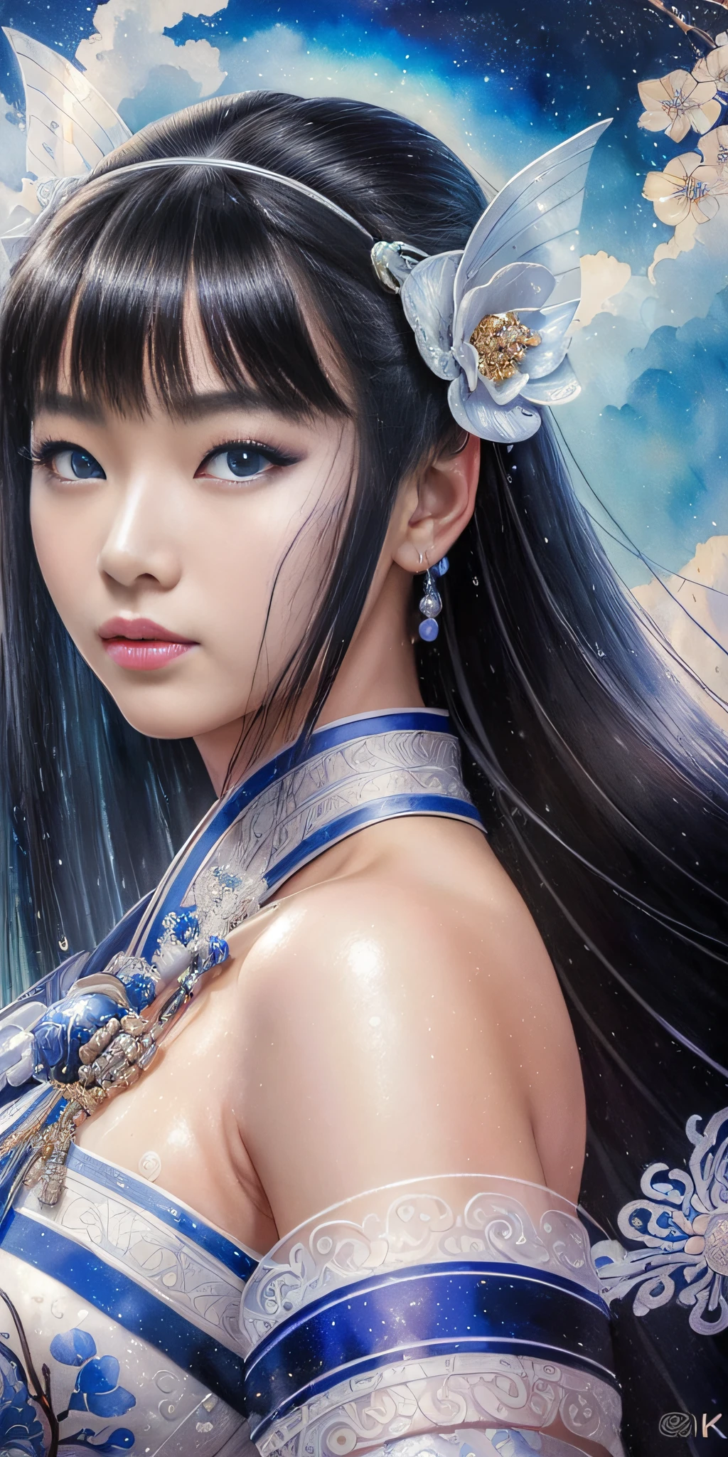 ((hyperrealistic, photorealistic, 8k, intricate details)) , (((masterpieces)))), best quality, ultra-detailed, a cyborg geisha with flowing hair, dynamic angle, dynamic pose, (1 girl), blue eyes, black hair, wuxia white clothes, ribbon on neck, beautiful face, many drops of water, cloud, twilight, wide plane, watercolor.