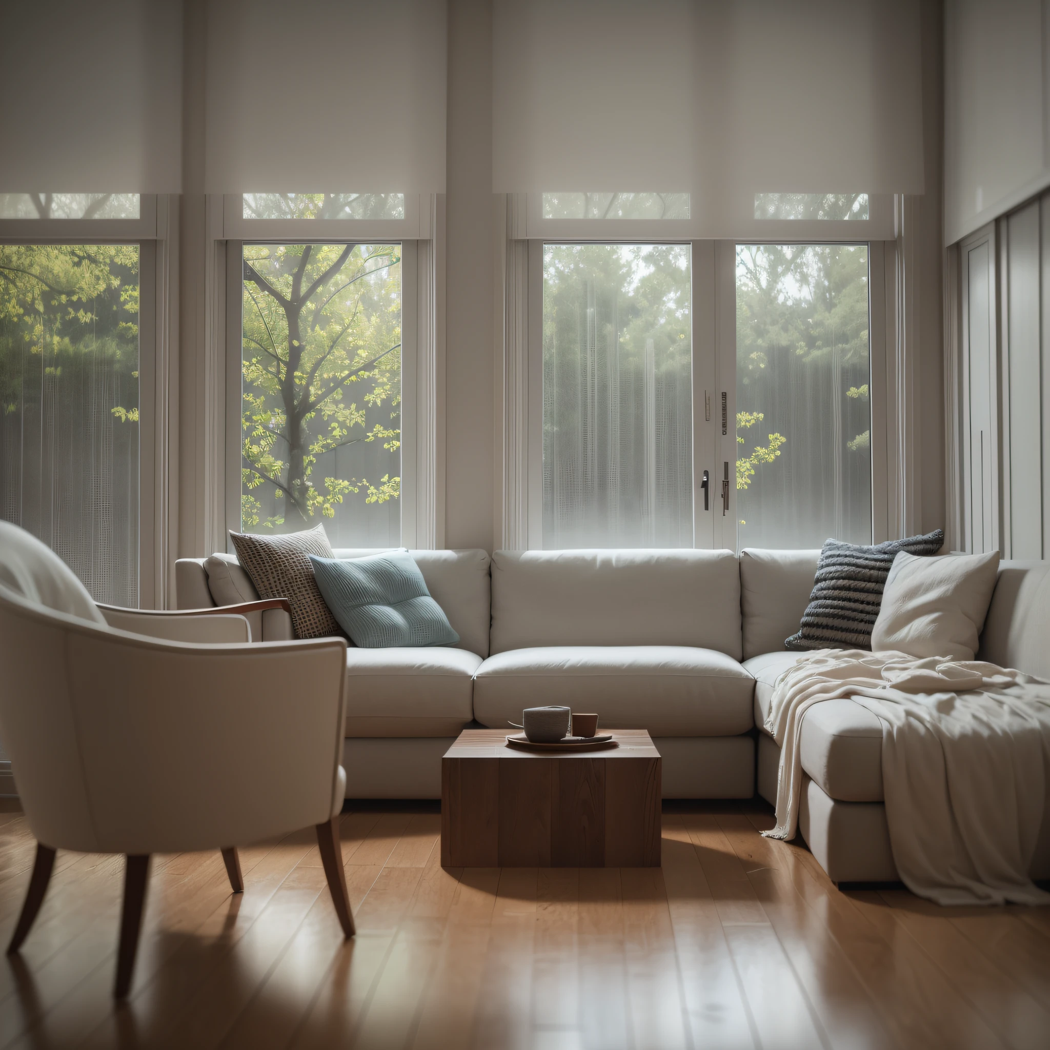 beautiful home interior, rain outside, smooth, sharp focus, 8k, octane render,