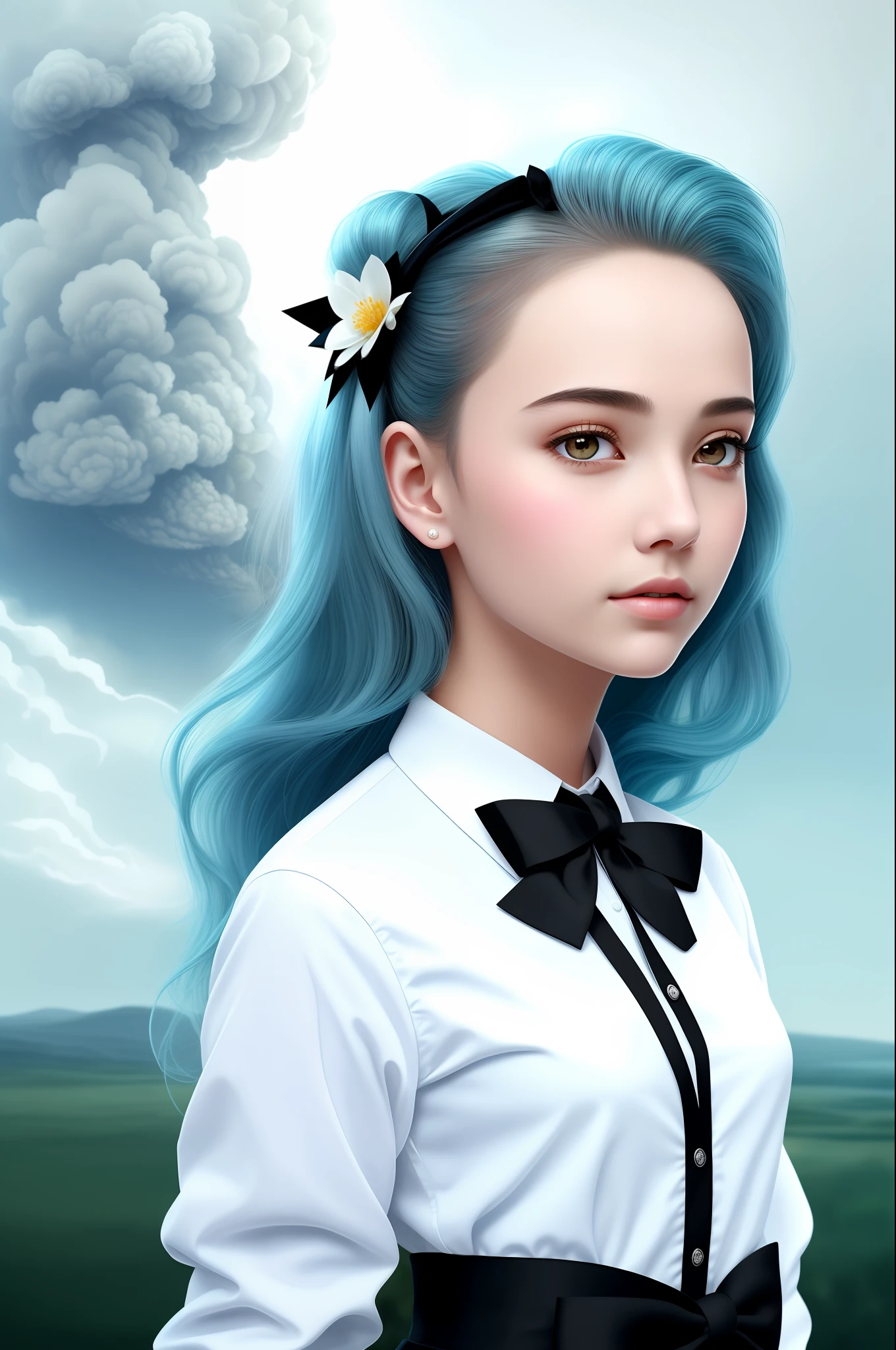 Masterpiece, Superb Painting, Illustration, {Beautiful and Delicate Girl}, Beautiful and Detailed Glow, (War: 1.2), (Nuclear Explosion Behind: 1.3), Rain, Detail Lighting, Detail Water, (Beautiful Detailed Eyes: 1.1), Expressionless, Court, Sky Blue Hair, Loose Hair, Long Bangs, Eyebrows, (White and Blue Dress: 1.1), Black Ribbon, White Bow Tie, Upper Abdomen, Large Forehead, Dumb, Flower, Long Sleeves