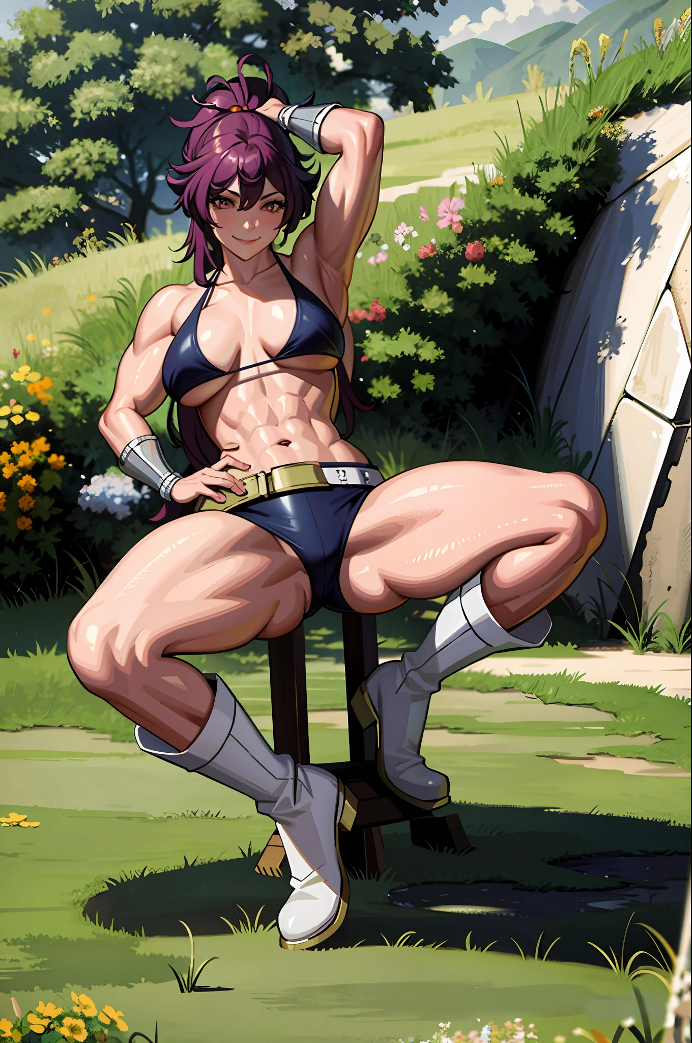 (masterpiece, best quality, detailed background, intricate details), fantasy theme, rocky plains, 1girl, barbarian, (muscular: 0.3), fur armor, fur boots, sexy outfit,sexy posisao,sexy smile