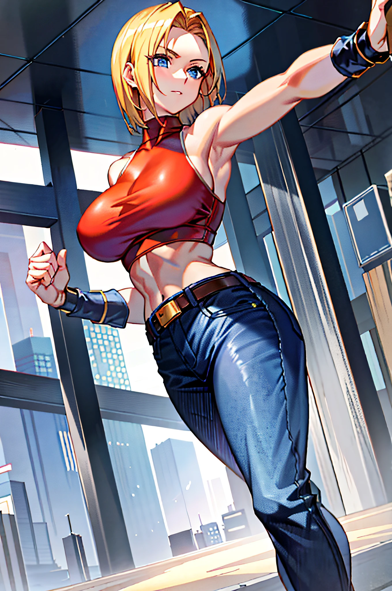 maryms, top quality, (beauty), 1girl, physically based rendering, ultra high resolution, (cowboy shot: 1.5), narrow waist, skinny, leonam, muscular, big blue eyes, long legs, jeans, leather belt, big breasts, puffy eyes, leather belt, (rainy city), shiny skin, facing person, winning posture,