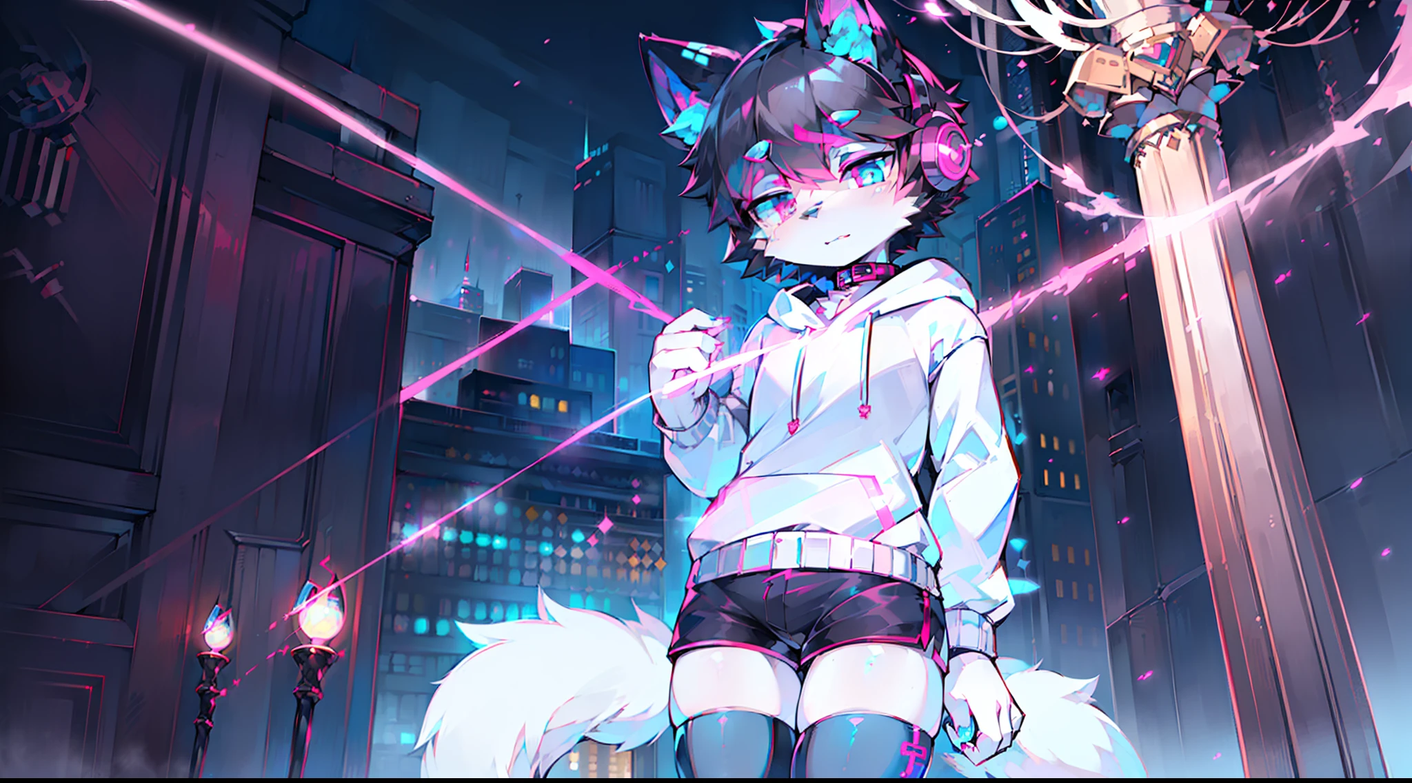 collar, (headphones:1.4), short hair, (black hair:1.35), (Thigh Highs:1.45), ((blue eyes:1.45)), ((pink eyes:1.35)), ((thin:1.55)), ((canine:1.34)), ((white body:1.36)), (magic:1.35), child, hoodie, (short pants:1.45), soft, (((master piece))), snow fox, 1boy, neon city, shy