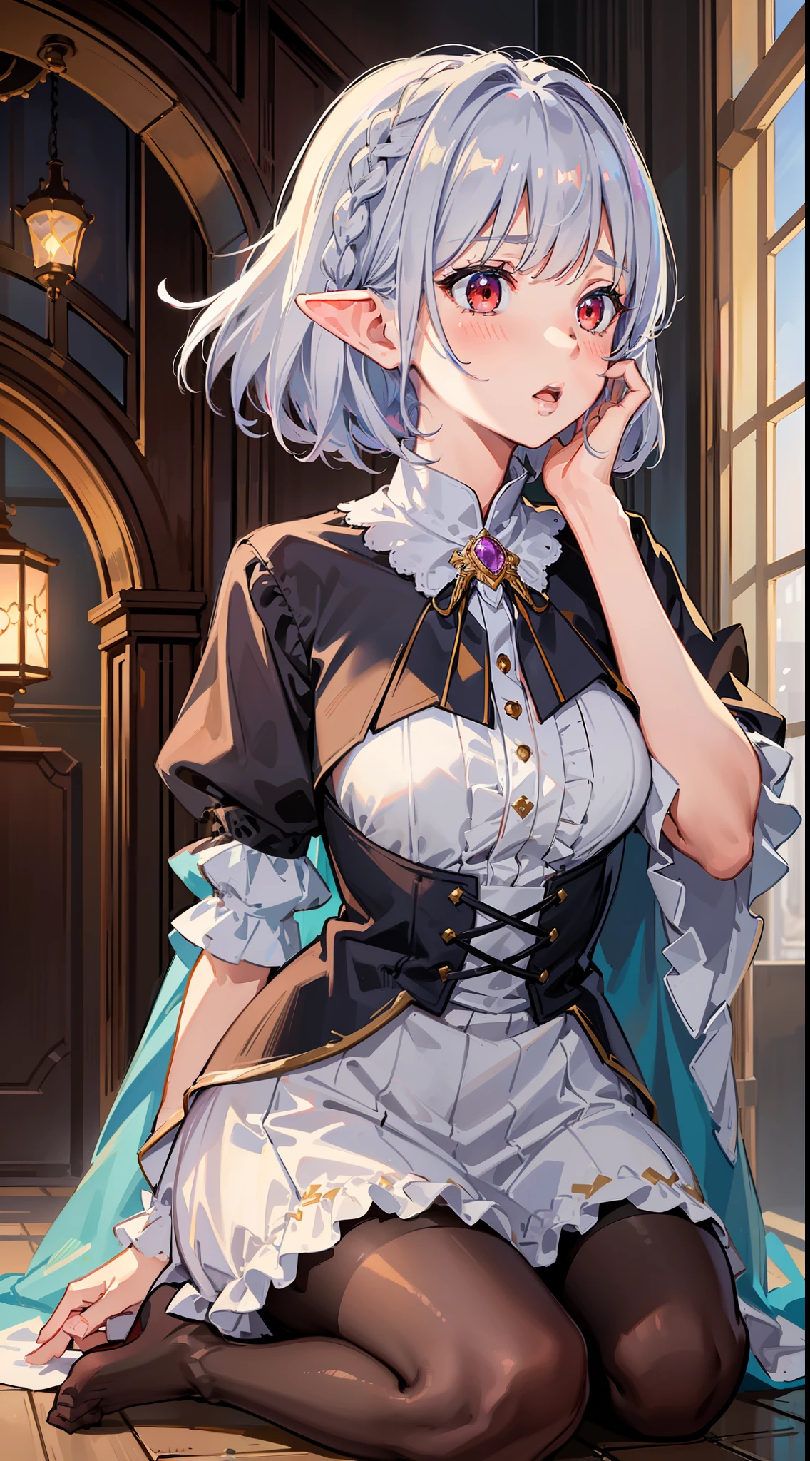 ((put both hands on their face)), ((surprised)), ((facing forward)), (blush), one girl, elf, silver hair, red eyes, bob cut, braided hair, fantasy-style costume, wizard, ruffles, robes, long skirt, tights, black cloak, indoors, kneeling, concept art, beautiful anime scene, beautiful anime scenery, masterpiece, top quality, 4K