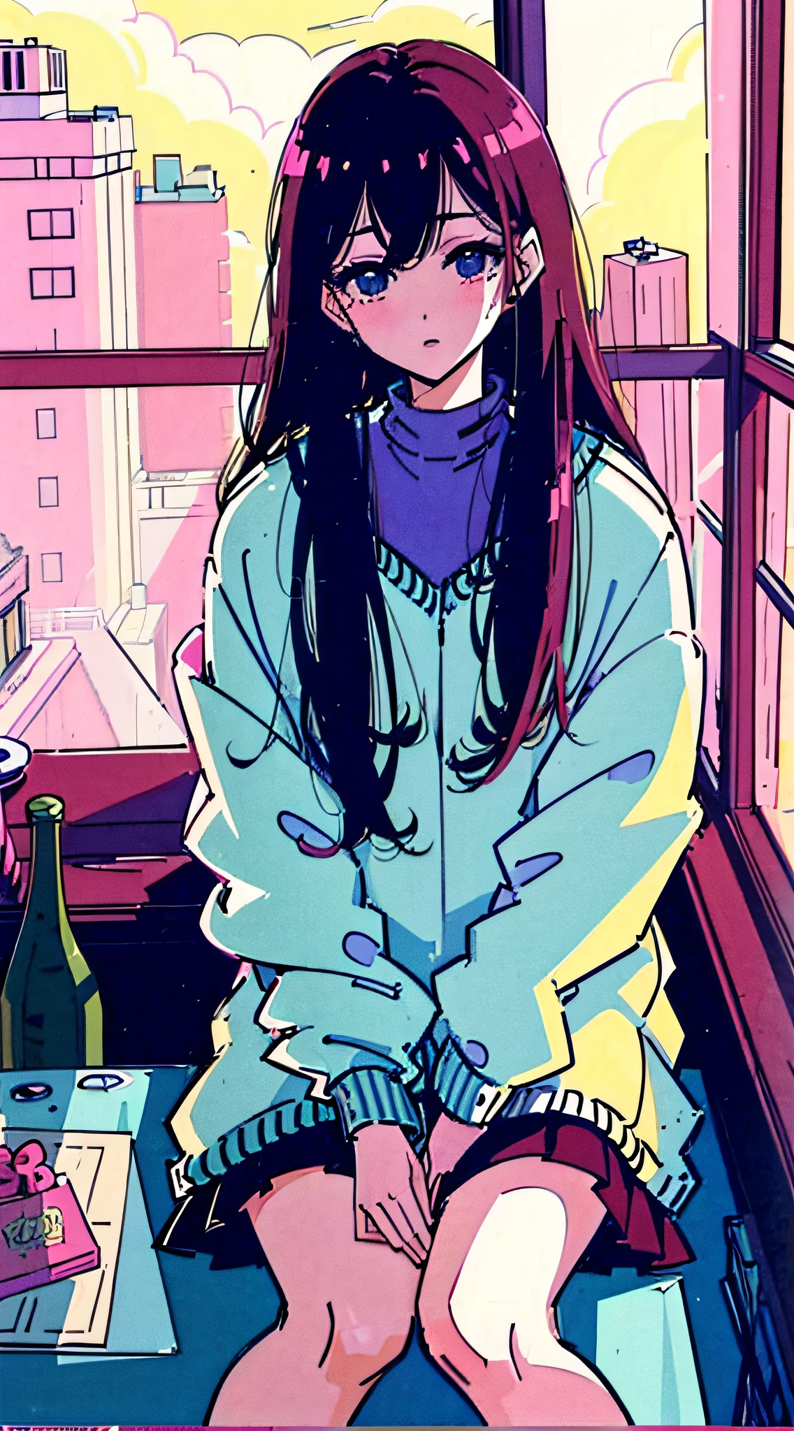 (masterpiece:1.5, best quality:1.5), ((VaporWave style, partially coloring)), close-up, from above, cinematic angle,
1girl, Look tired, long_hair, solo, in bedroom, dolls were in a mess, decadent life,
pole outside the window, sunset outside the window, street outside the window, the sunset outside the window,