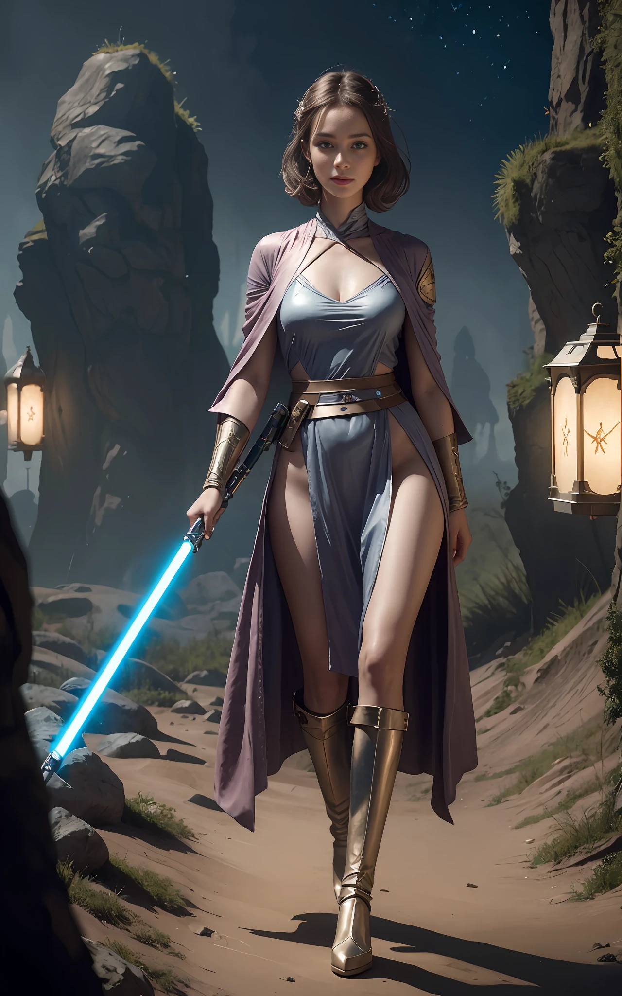 A beautiful girl dressed in Jedi costume, chest, mysterious smile, night, walking in an alien valley, 3D magical details, James Jean Soft Light, 4K, Yuri Schvedorf and Tom Bagshaw, beautiful digital artwork, Sylvain Sarel and Igor Mosky, full body shot