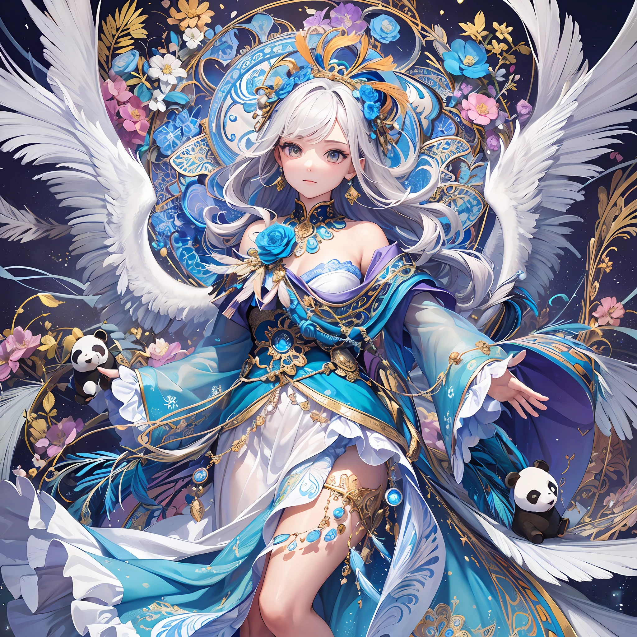 (Masterpiece, Top Quality, Top Quality, Official Art, Beautiful and Aesthetic: 1.2), (1 Girl: 1.3), White and Blue, Very Detailed, (Fractal Art: 1.1), (Colorful: 1.1) (Flower: 1.3), Supreme Detail, (Zentangle: 1.2), (Dynamic Pose), (Abstract Background: 1.3), (Shiny Skin), (Many Colors: 1.4), (Earrings), (Feathers: 1.5), ( Wind: 1.3), jewels, white hair, wrapped in light, detailed background, phoenix dress, panda ears, blue flowers, bright eyes --auto --s2