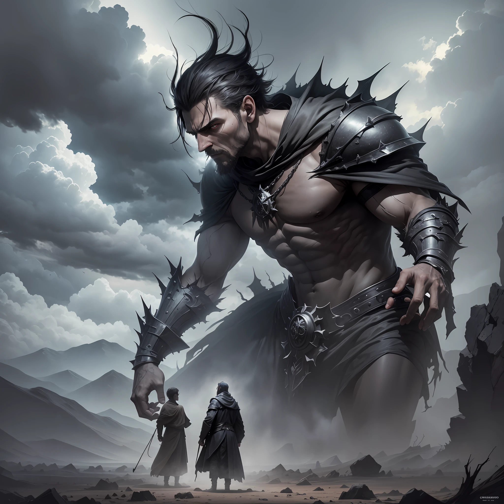 (8k, RAW photo, best quality, masterpiece: 1.2), (realistic, photorealistic: 1.37), realistic image and fairytale with dark and stormy scenery, with dark and menacing clouds in the sky. In the foreground of the image is a lone man kneeling, his face lowered and his hands outstretched in supplication. The facial expression conveys anguish and regret. Around the figure, there is a sense of oppression and restlessness, represented by the desolate and arid landscape, with thorns and rubble on the ground.
In the background of the image, threatening silhouettes appear, with aggressive expressions and intimidating gestures, which seem to chase the central figure.
The predominant colors are shades of gray and black, with few points of light, conveying the feeling of darkness and adversity.
Man seems to cry out for divine justice. There is a sense of waiting and expectation, as if begging God to intervene on their behalf. --auto --s2