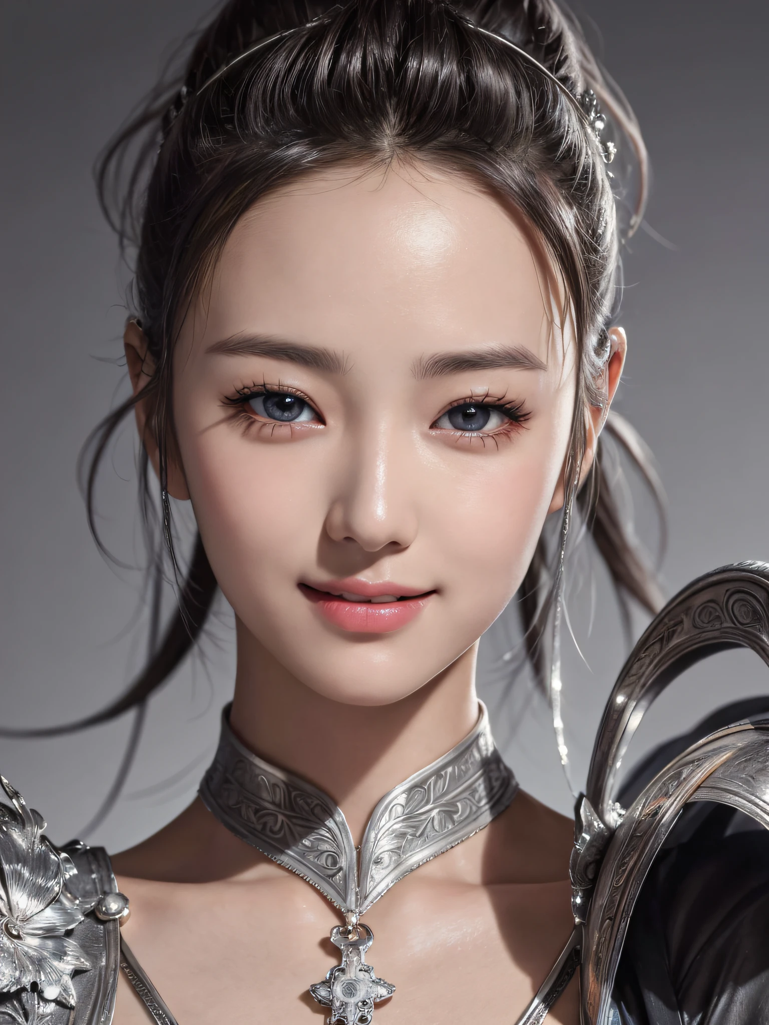 8k, best quality, masterpiece, realistic, hyperdetail, photography, hdr, row photo, high resolution, absurd, cinematic light, official art, depth of field, close up, slim, cute face, smile, beautiful detail eyes, 19 year old korean, beautiful, silver mohawk,