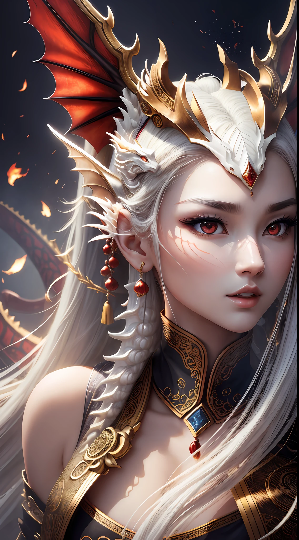 Highest image quality, ultra HD, masterpiece, Chinese dragon, divine dragon, flying dragon in the sky, five-clawed dragon, white all body, slender dragon whiskers, background is an ancient Chinese building complex, face facing the audience, head down, light and shadow, particle light, particle special effects, aesthetic romance, dream highest quality, ultra HD, masterpiece, exquisite CG, face and face exquisite details, eyes red, rich picture layers, open mouth, clear outline, face close-up, beautiful, perfect details, best quality, highest image quality, high resolution, HD, 16k, 8k,UHD,HDR,HD