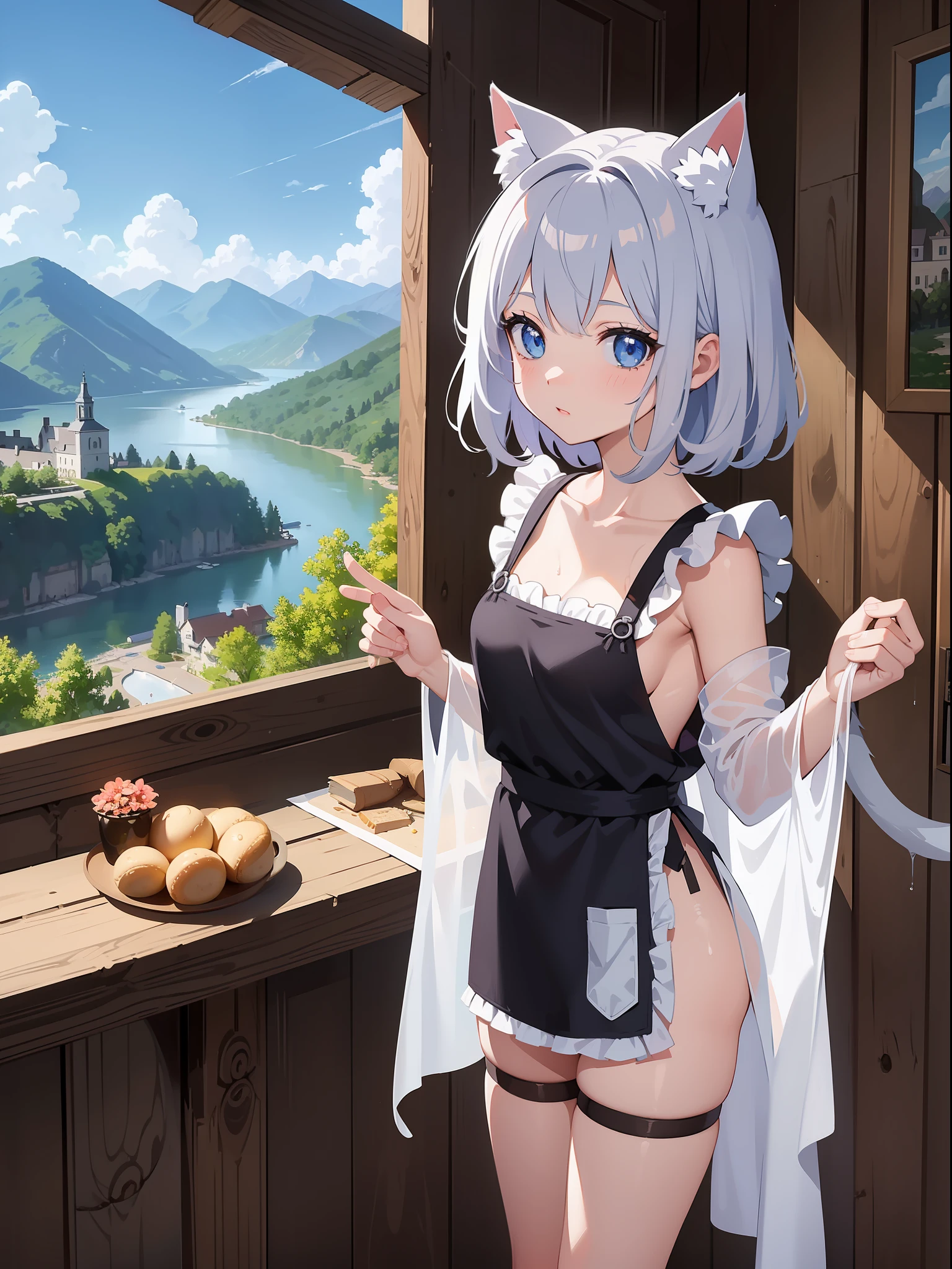 (Masterpiece), (Best Definition Animated Illustration), (Super Definition), One Girl, Solo, Beautiful Girl with Silver Hair, Anime Loli, Cute Loli, Cat Ear Loli, See-Through Naked Apron, Wet Sheer, Cottage with Mountain and Lake View