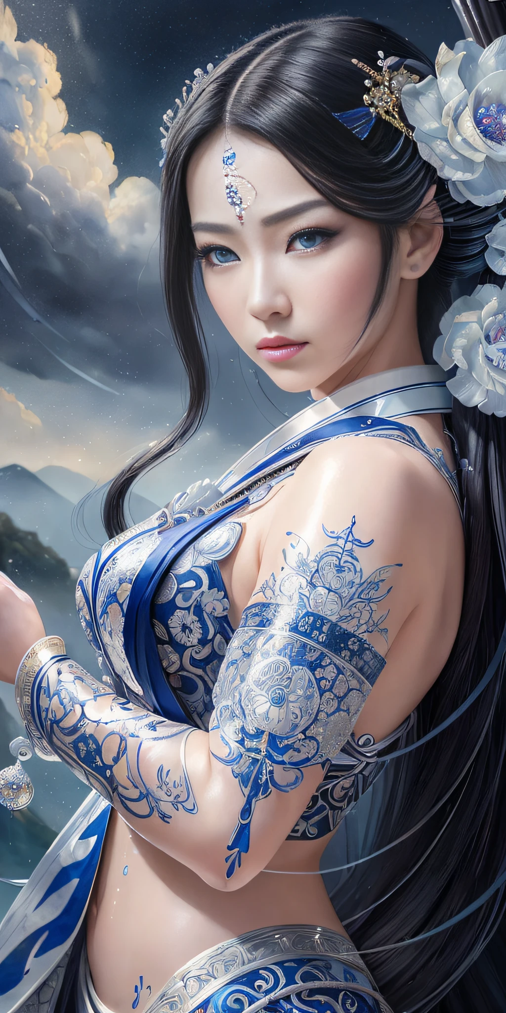 ((hyperrealistic, photorealistic, 8k, intricate details)) , (((masterpieces)))), best quality, ultra-detailed, a cyborg geisha with flowing hair, dynamic angle, dynamic pose, (1 girl), blue eyes, black hair, wuxia white clothes, ribbon on neck, beautiful face, many drops of water, cloud, twilight, wide plane, watercolor.