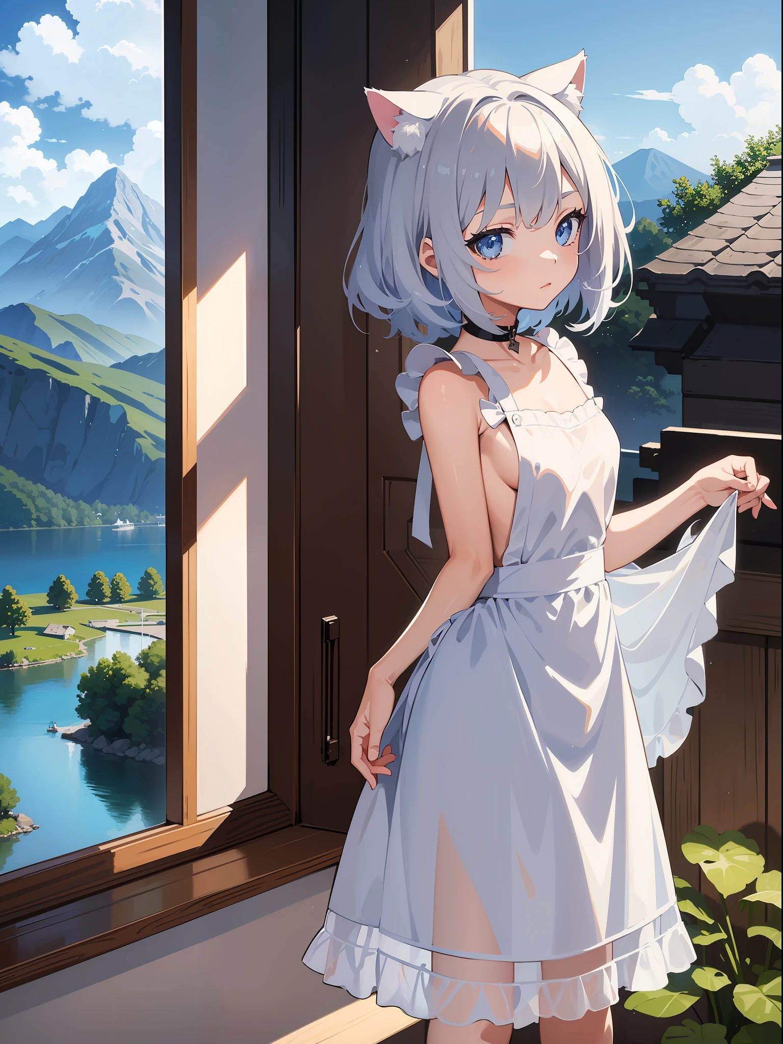 (Masterpiece), (Best Definition Animated Illustration), (Super Definition), One Girl, Solo, Beautiful Girl with Silver Hair, Anime Loli, Cute Loli, Cat Ear Loli, See-Through Naked Apron, Wet Sheer, Cottage with Mountain and Lake View