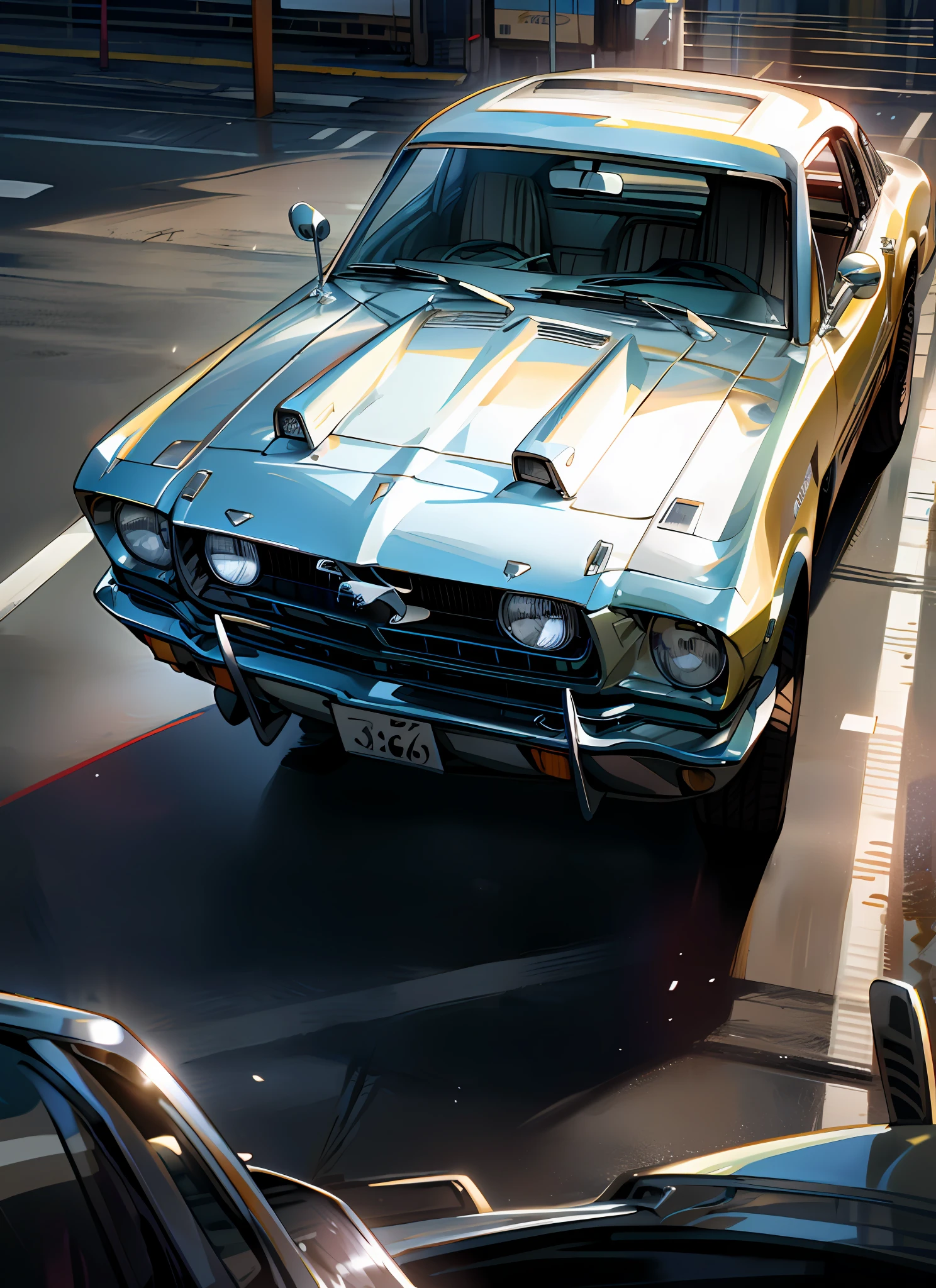 1967 Mustang Shelby, front, front view, single car, camera angle seen partially from above, front view of car,