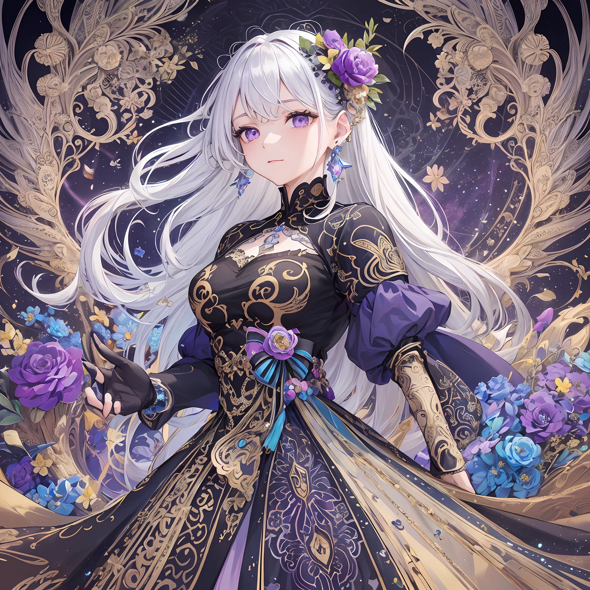 (Masterpiece, Top Quality, Best Quality, Official Art, Beautiful and Aesthetic: 1.2), (1 Girl: 1.3), Black and Blue, Very Detailed, (Fractal Art: 1.1), (Colorful: 1.1) (Flower: 1.3), Supreme Detail, (Zentangle: 1.2), (Dynamic Pose), (Detailed Background: 1.3), (Glossy Skin), (Many Colors: 1.4), (Earrings), (Wind: 1.3), jewels, white hair, wrapped in light, detailed background, phoenix dress, panda ears, blue flowers, purple eyes --auto --s2
