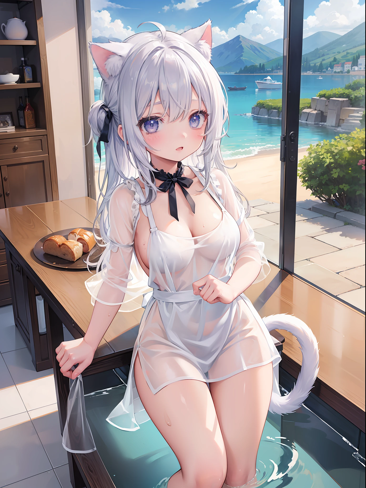 (Masterpiece), (Best Quality Anime Illustration), (Super Definition), One Girl, Solo, Beautiful Girl with Silver Hair, Anime , Cute Lolit Ear Loli, LaBreasts, See-Through Naked Apron, Wet Sheer, Cottage with Mountain and Lake View