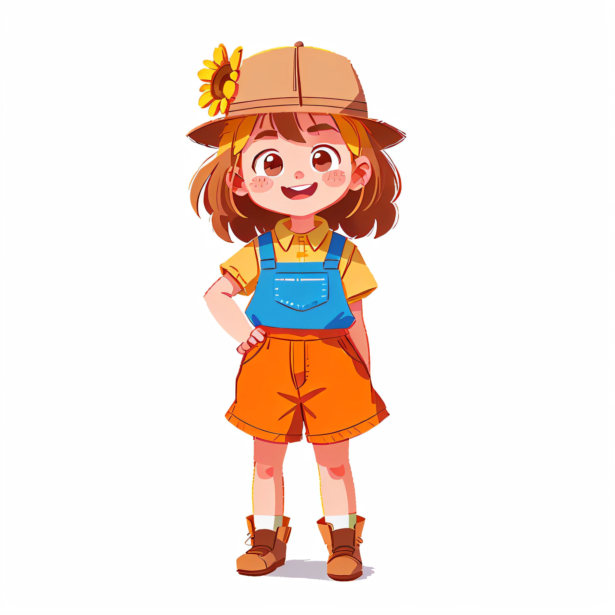 1 girl, bright and sunny day on the farm, dressed in farm clothes, farmer, cartoon vector style, cute character (masterpiece: 1.2) (realistic: 1.2) (free shot) (best quality) (detailed skin: 1.3) (complex details) (8K) (detailed eyes) (sharp focus), (happy)