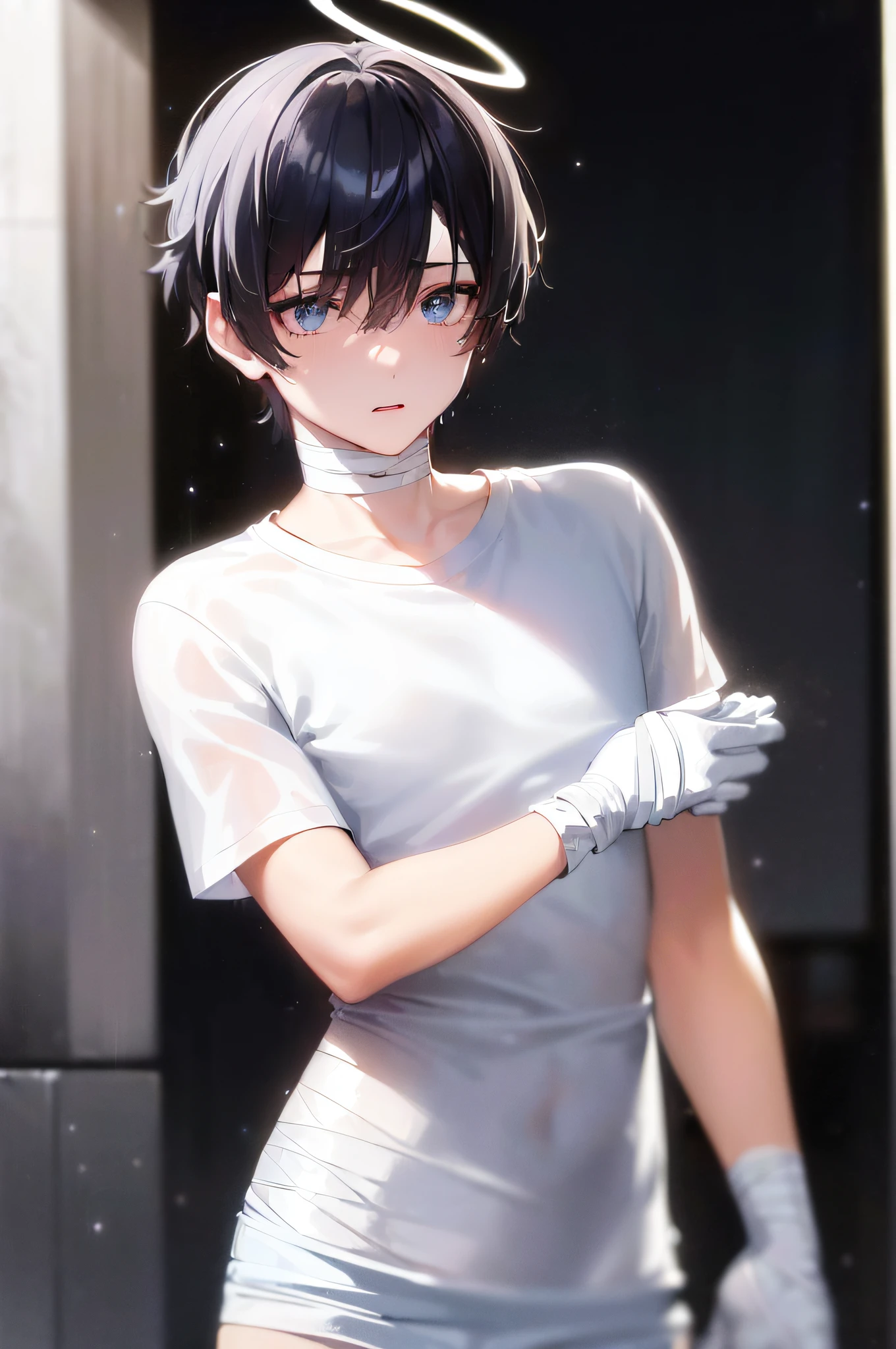 ((A male:1.5)), ((boy:1.2)), first-person view, upper body, cold light, viewfinder, bokeh, blue_eyes, (halo on head:1.2), hair_between_eyes, (Zaffre eyes color:1.1), (flat chest:1.5), (bandage on face:1.5), (rape face:1.2), (white T-shirt:1.5), (heavy breathing:1.2), looking_at_viewer, male_focus, short_hair, (the idealism of the future world:1.2), (clean background trending:1.5), rain, wet hair, styled with a captivating hairdo, accentuated with bangs and hair between eyes, highlighting his distinctive and stylish black and short hair, this dynamic composition expertly showcases his strong male focus, in a manner that captivates and intrigues viewers
