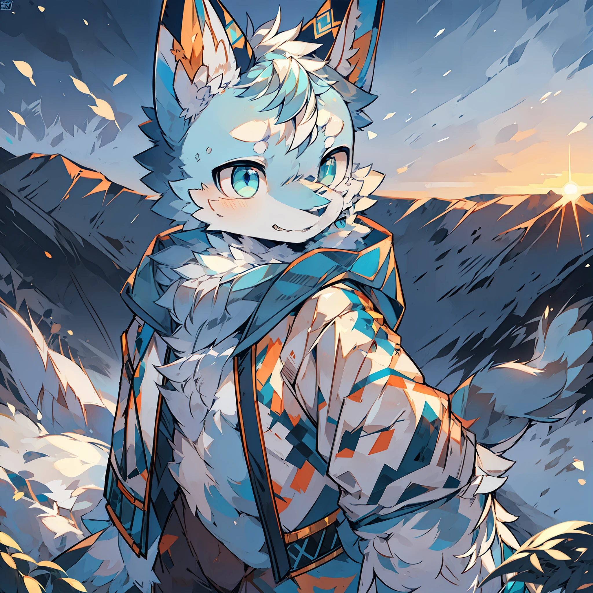 furry male blue white pattern blue pupil fox bright pupil big tail standing wearing blue cotton jacket snow mountain sunset