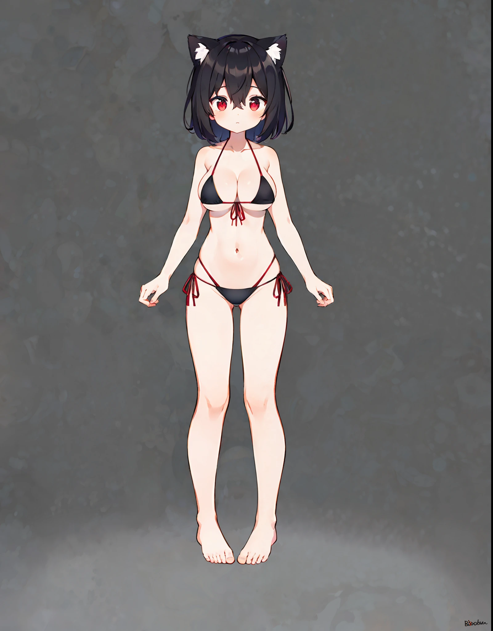 girl,cat ears ,big boobs ,black hair ,red eyes ,short hair ,red hairpin ,messy hair,hair between eyes ,(full body ,standing ,micro bikini ,bare shoulders ,sleeveless,bare feet ,bare legs ,cleavage)