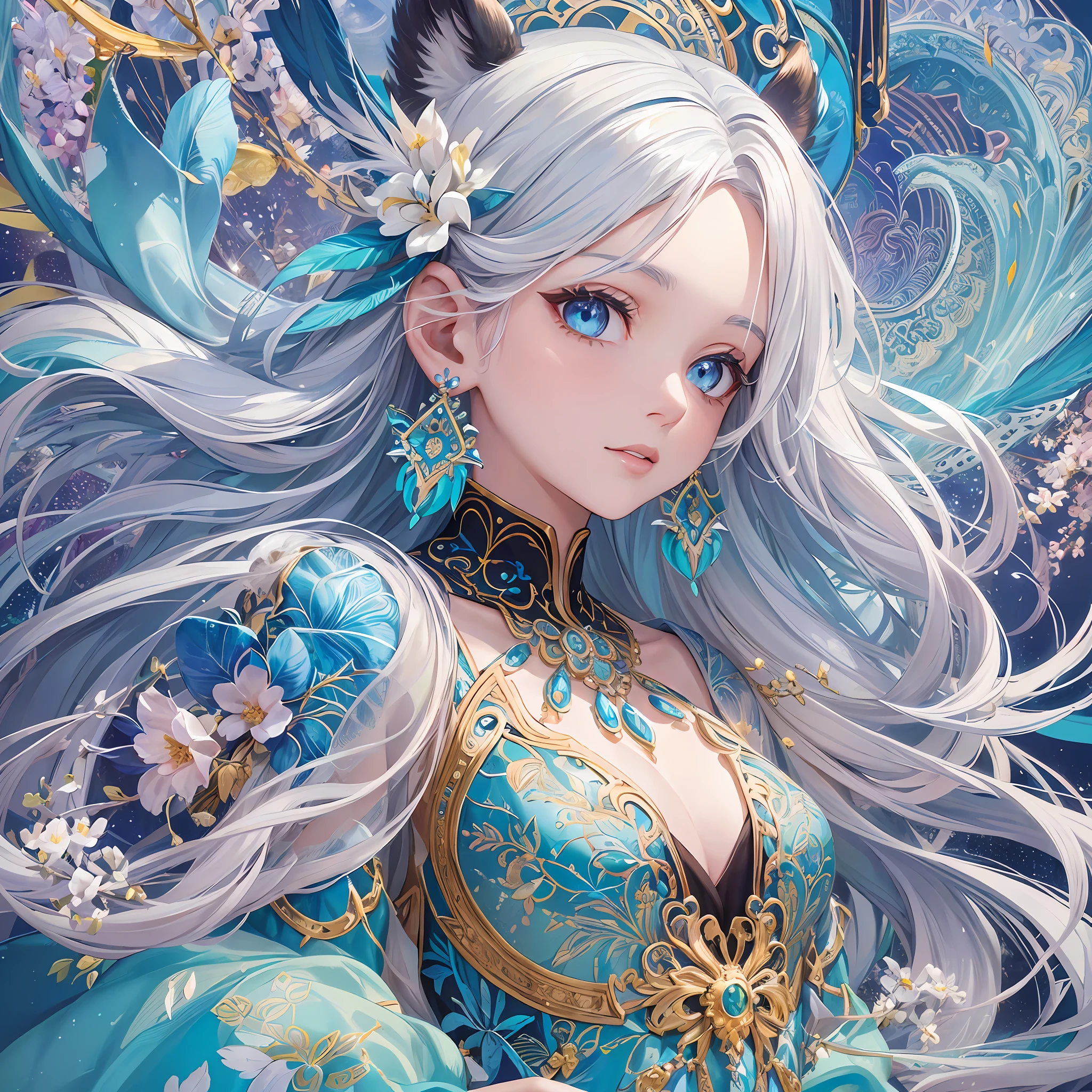 (Masterpiece, Top Quality, Top Quality, Official Art, Beautiful and Aesthetic: 1.2), (1 Girl: 1.3), White and Blue, Very Detailed, (Fractal Art: 1.1), (Colorful: 1.1) (Flower: 1.3), Supreme Detail, (Zentangle: 1.2), (Dynamic Pose), (Abstract Background: 1.3), (Shiny Skin), (Many Colors: 1.4), (Earrings), (Feathers: 1.5), ( Wind: 1.3), emerald, white hair, wrapped in light, detailed background, phoenix dress, panda ears, blue flowers, vivid eyes --auto --s2