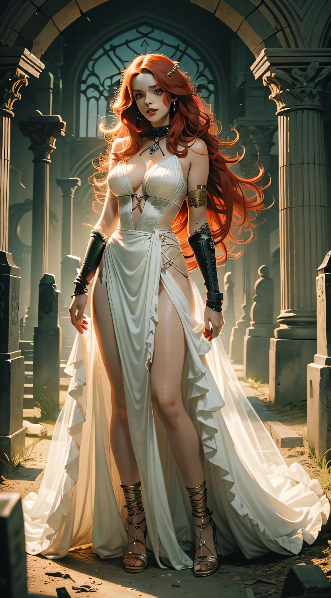 awesome illustration, full body very sexy beauty woman, long red hair, perfect mouth and lips, Andreas Marshall Style, a night atmosphere, graveyard night background, realistic, staring at camera, wearing sexy white dress costume