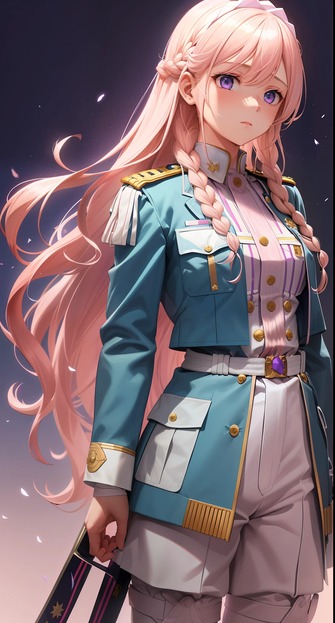 Long pink blonde hair, purple eyes, French braids, girl, soldier, princess, single, (blue and white military uniform), (white trousers), expressionless, cold eyes, small, collar, bandages, perfect thighs, perfect fleshy, standing, perfect shadow, perfect light, perfect chromatic aberration, oily skin
