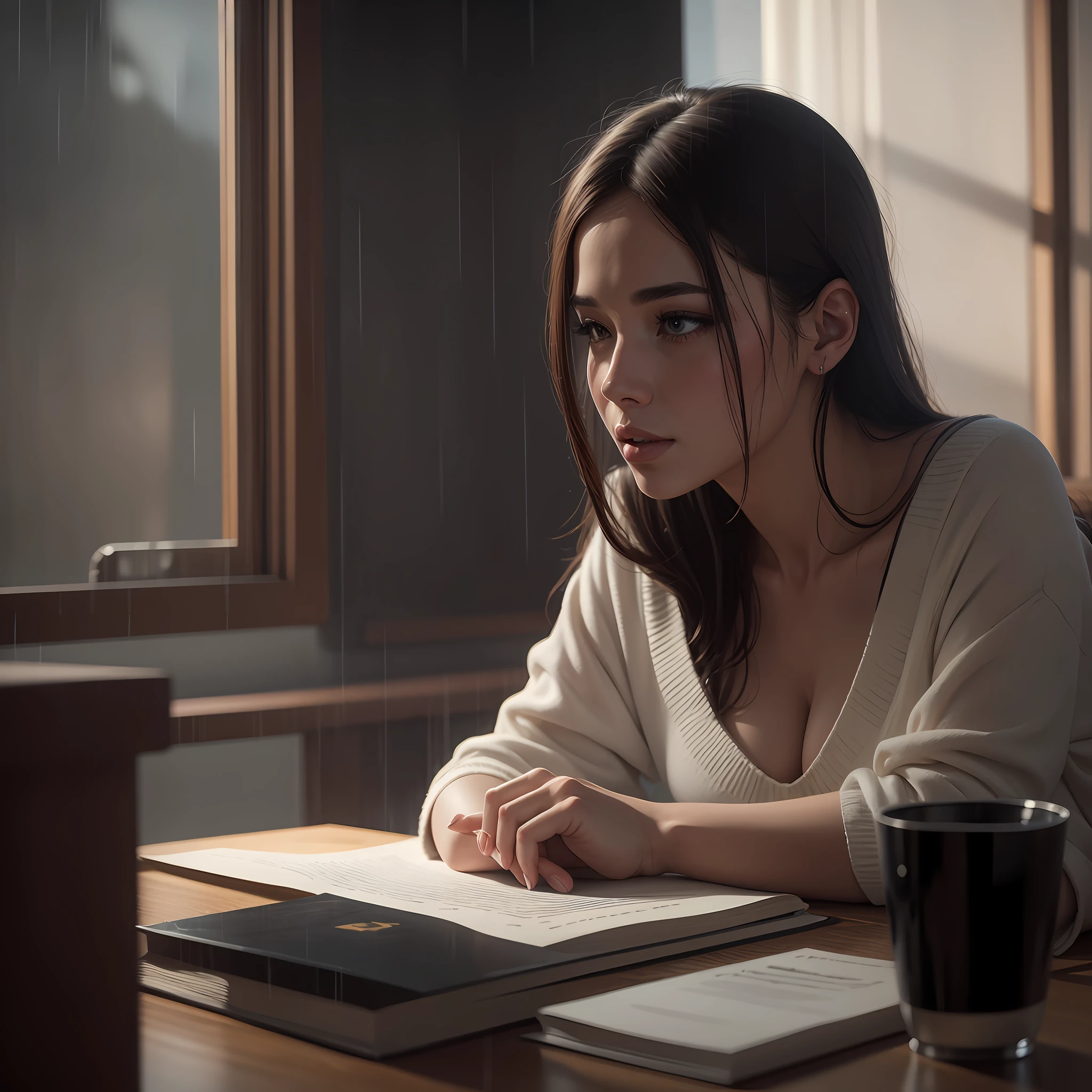 beautiful woman study at study desk, beautiful home interior, rain outside, smooth, sharp focus, 8k, octane render