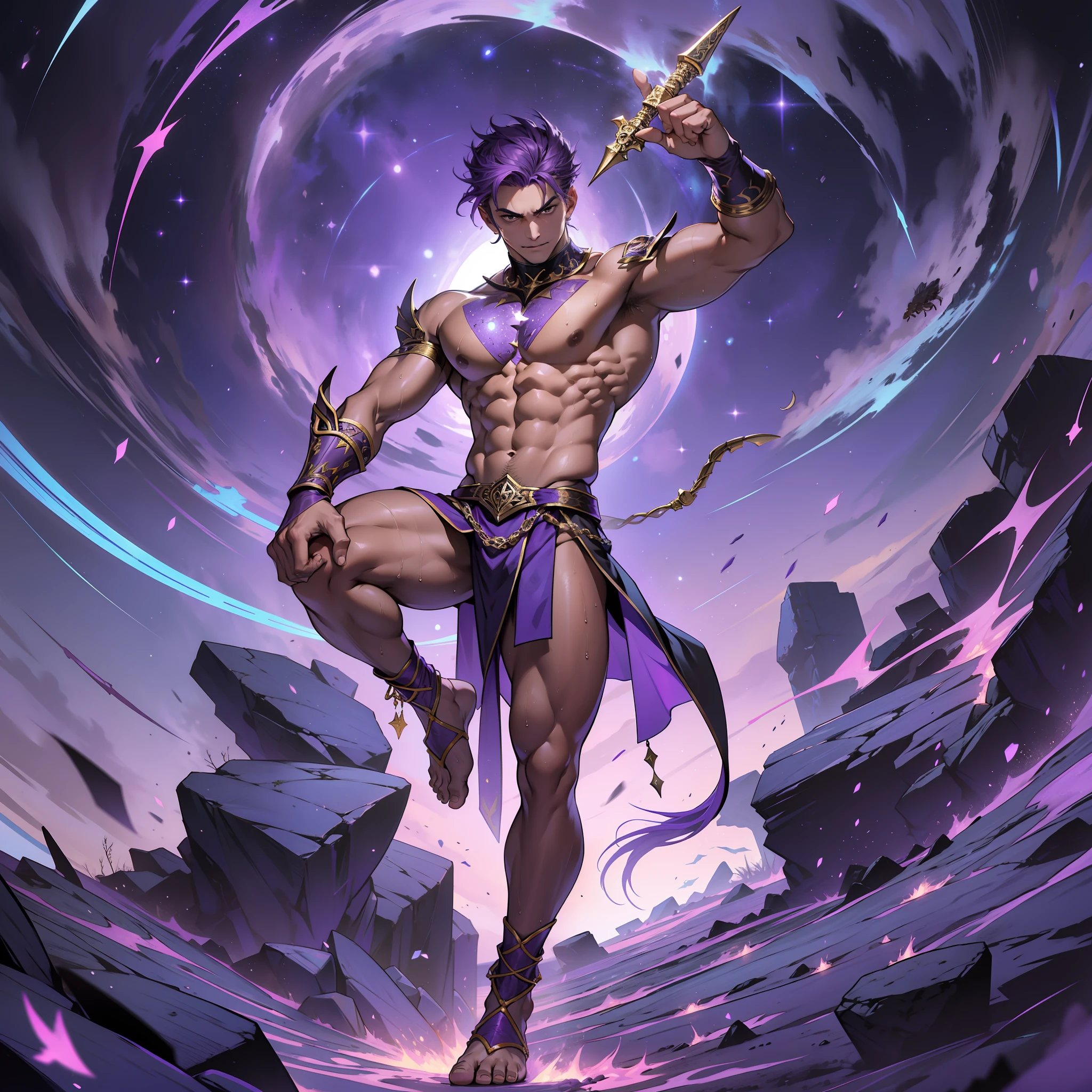 Tarot, purple starry sky, single, full-body, Scorpio, a ager, muscular, ancient Greek style, god costume, purple hair, short hair, scorpion tail on the back, armpits, bare feet, many scorpions around, lewd expression, looking up, standing, scorpion, scorpion's tail, wet all over, holding a scorpion dagger in his hand, dark skin
