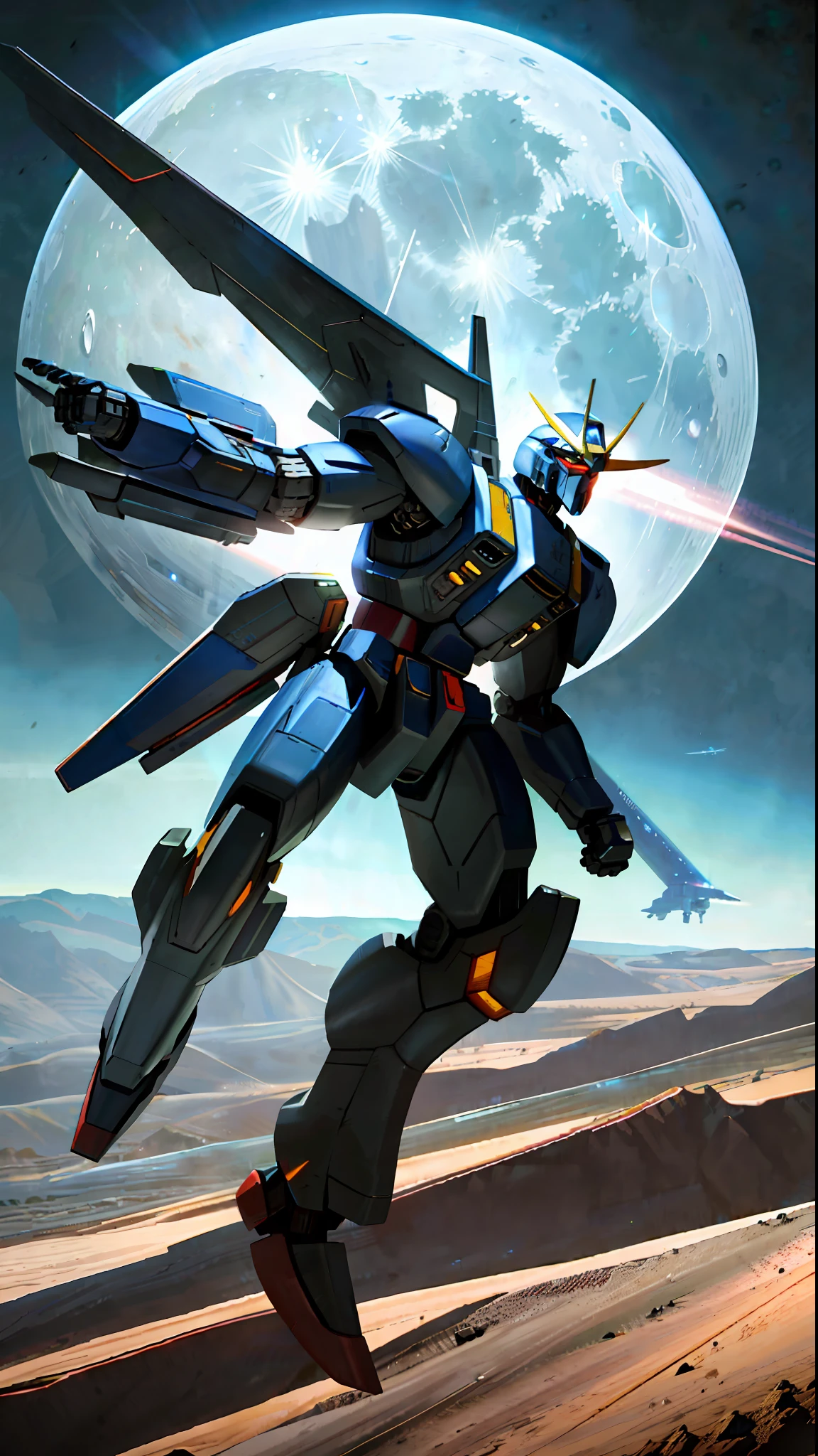 ((masterpiece)), (solo:1.4), a (((mecha))) with sleek and menacing design, glowing eyes, full body, highly detailed, high detailed background, battle, planet, hovering, a huge shield, shoulder armor, mechanical backpak ,science fiction, fighter plane flying over the earth in space with the moon in the background, concept art, space art,