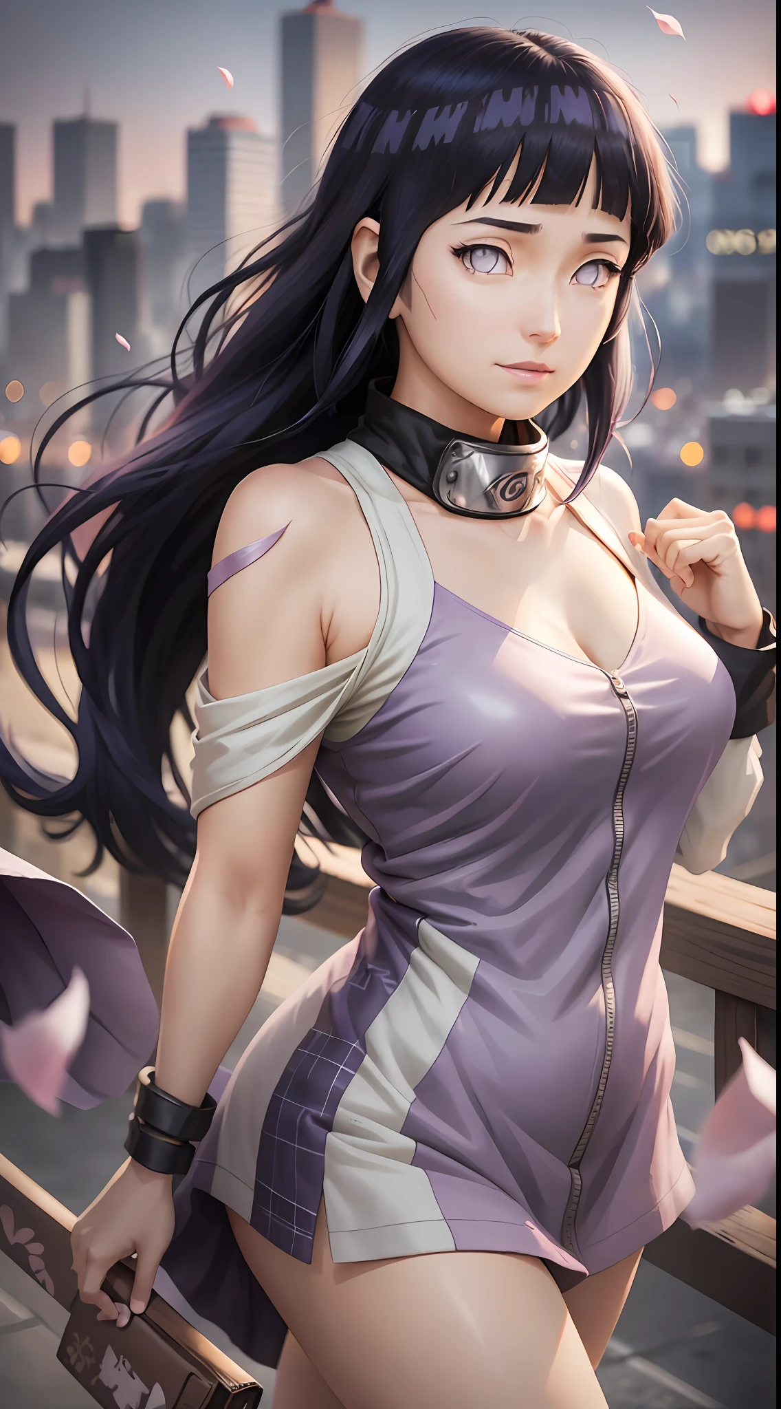 Amidst the bustling streets of a vibrant city, Hinata Hyûga from Naruto stands on a rooftop, overlooking the urban landscape. The evening sky paints a canvas of warm hues, casting a soft glow on the scene. Hinata, dressed in her signature light purple, white, and salmon pink attire, stands with poise and confidence. Her age of 25 is evident in her mature demeanor, complemented by her slender figure. Despite her blindness, her light violet eyes without irises exude resilience and determination. Her hair, the color of midnight (#131219), dances in the wind, framing her gentle smile as she looks directly at the camera. Cherry blossom petals gently swirl around her, carried by the urban breeze, adding a touch of ethereal beauty to the cityscape. Photography, captured with a wide-angle lens, highlighting the juxtaposition between the bustling city below and Hinata's serene presence.